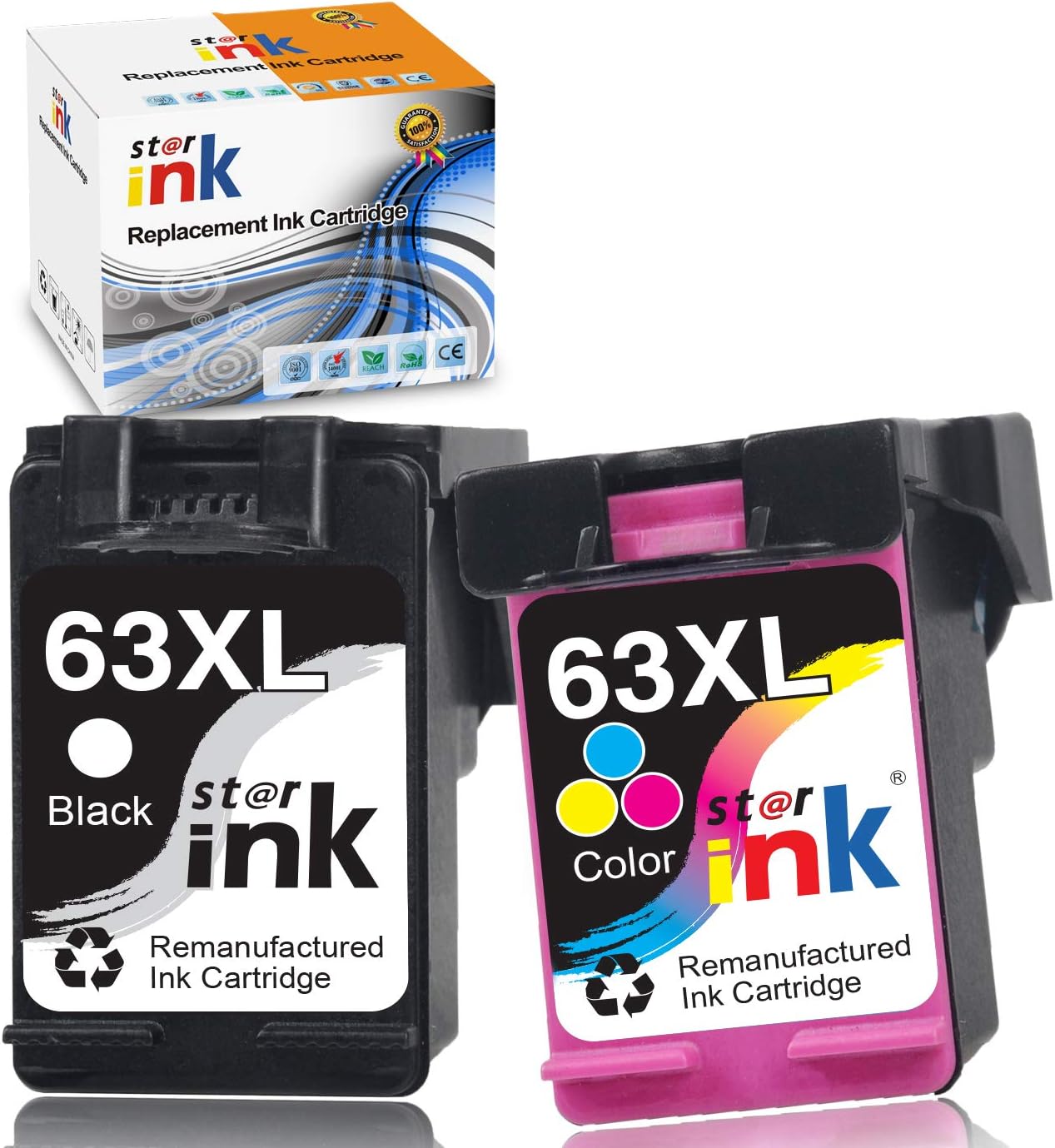Starink Remanufactured Ink Cartridge Replacement for HP 63 XL 63XL for Envy 4520 4512 4510 OfficeJet 3830 5200 5222 5255 5258 4650 4652 4655 DeskJet 1112 2132 2130 3630 3632(Black Tri-Color, 2 Packs)