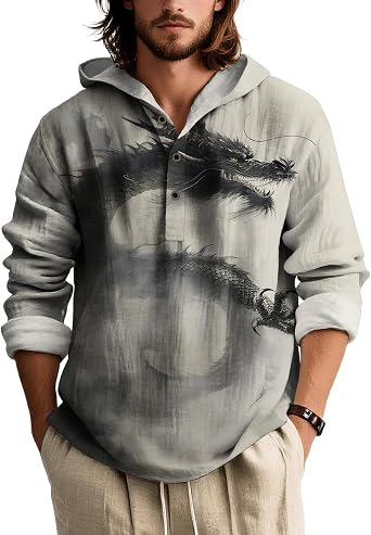 Mens Long Sleeve Print Shirt Stand Collar Button Down Lightweight Oriental Style Fashion Top for Spring Summer