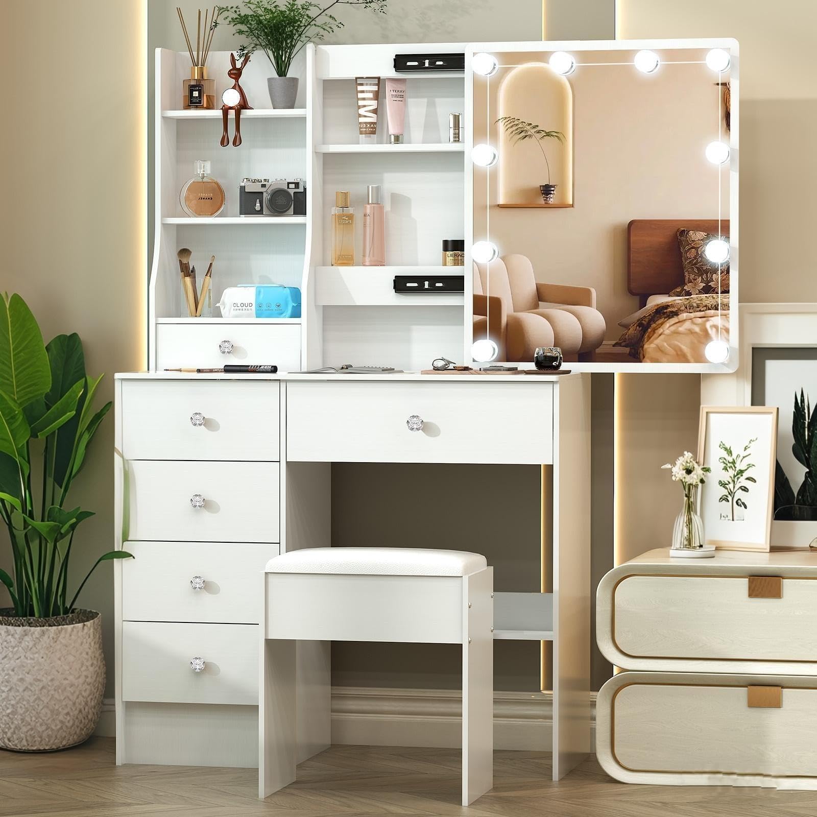 White Vanity Makeup with Lighted and Mirror,Small Makeup Vanity with 6 Drawers & 10 LED Bulbs & 3 Lighting Colors Adjustable for Bedroom,31.5" L*14.2" W*51.2" H