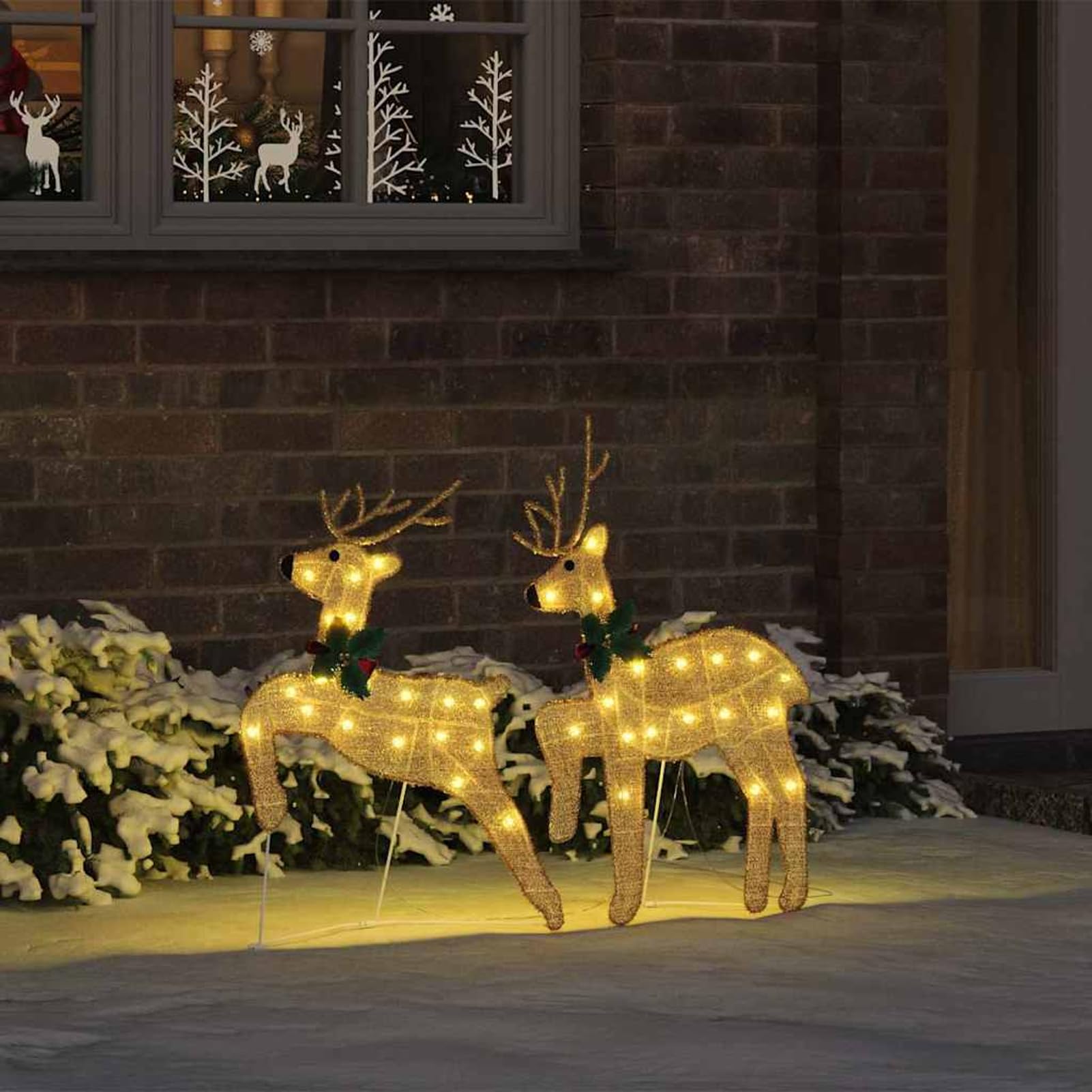 Gecheer LED Rentier Deko 2er Set, Stoff Figur mit warmweißem Licht USB betrieben Art Déco Design, 65cm und 58cm hoch for Wohnzimmer Garten Weihnachtsdekoration