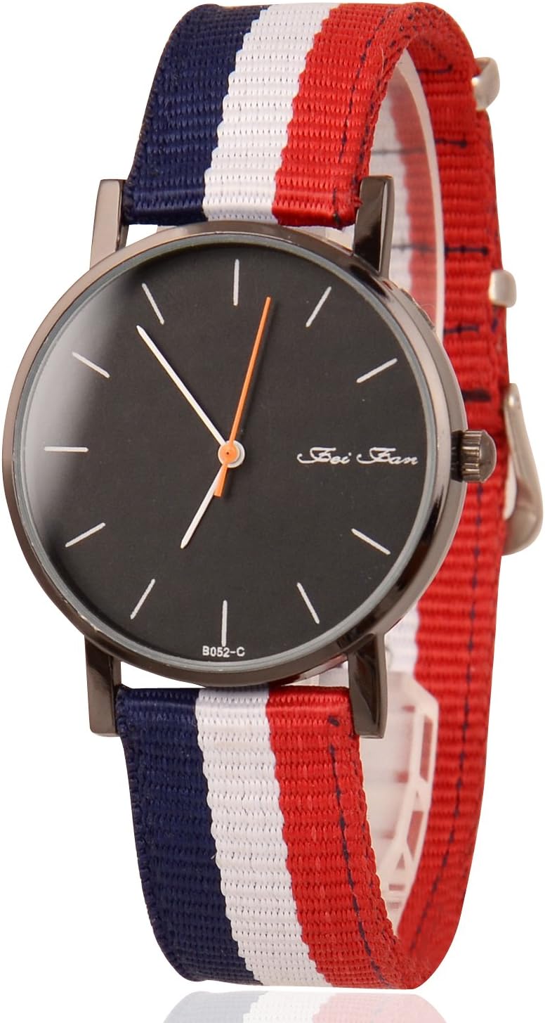 USA Flag Design Unisex Slim Watch with Nylon Band in Pop Color Blocking (Red + White + Blue)