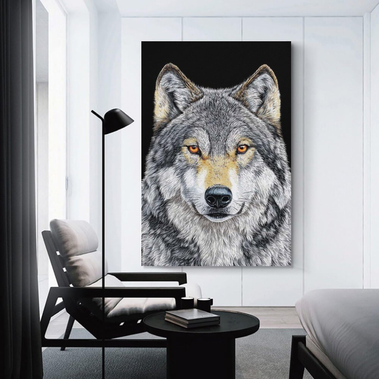 Junmoney Wolf Portrait on Black Background Canvas Wall Picture 24x36inch(60x90cm), for Living Room, Bedroom Or Apartment Walls, Modern Wall Decor for Cosy Interiors