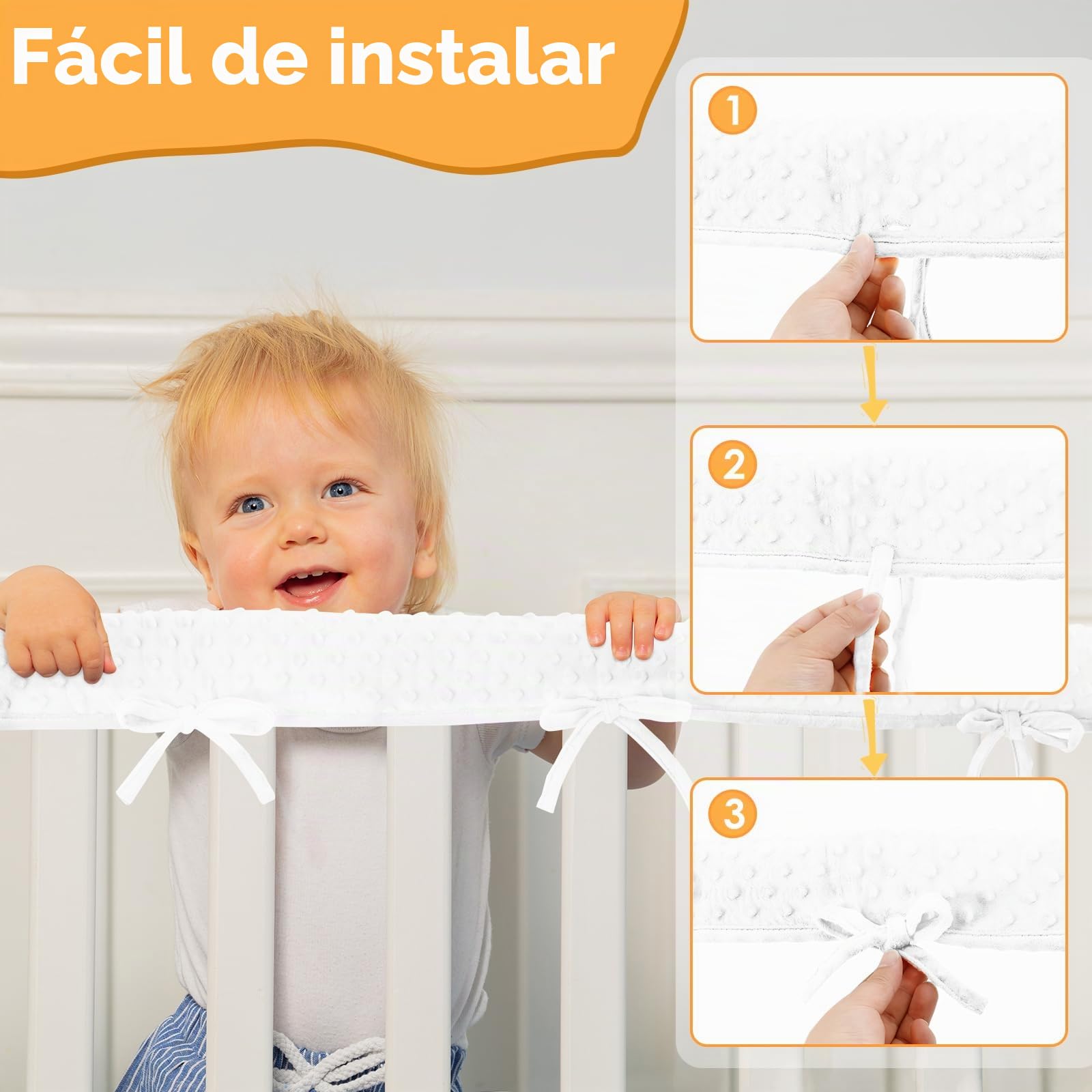 Protector de borde de cama para cunas, protección para marco de cama, borde de cuna, reborde de cuna, extraíble, lavable, protector de bordes y protección de esquinas (blanco)