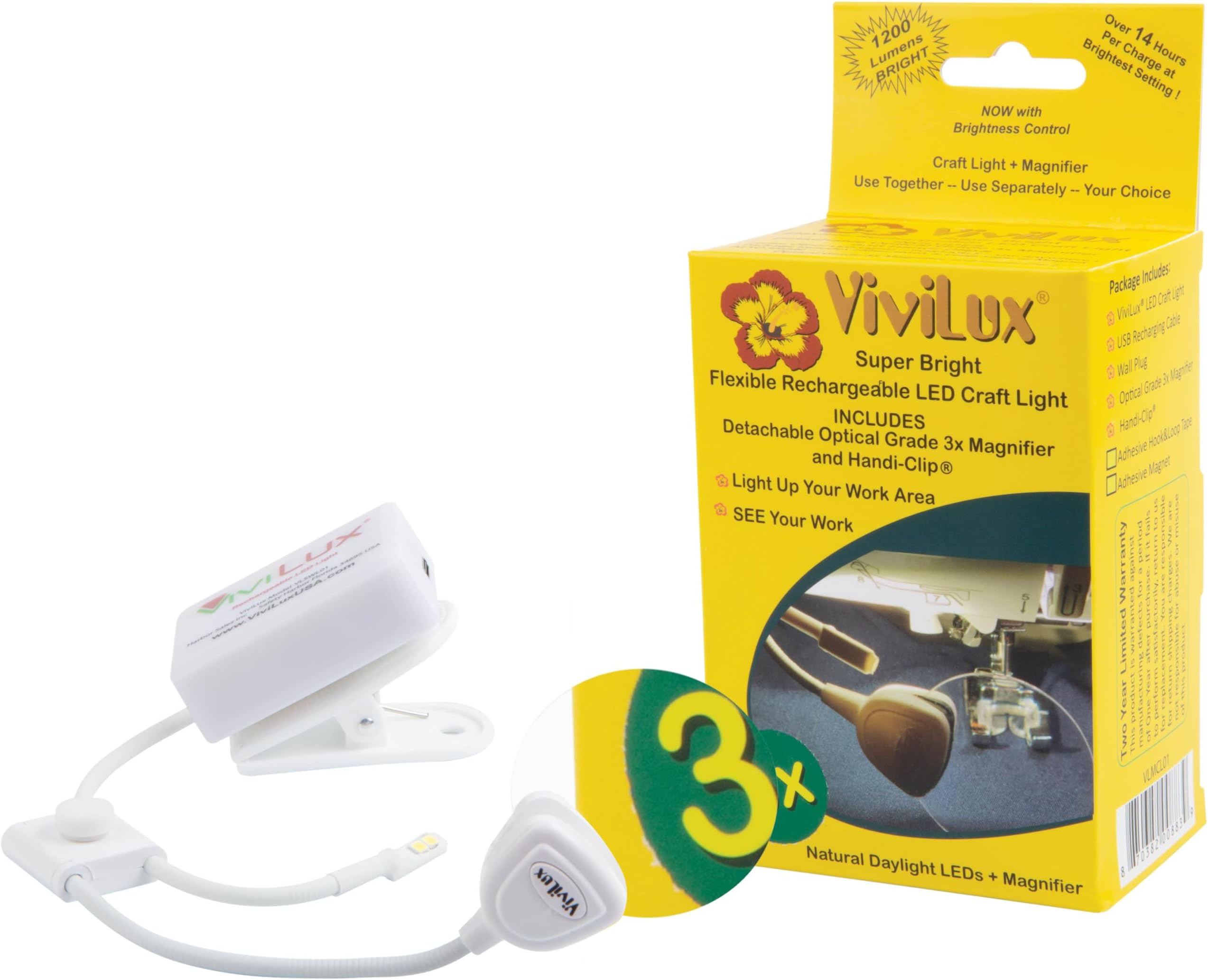 ViviLux LED Craft Light with 3X Magnifier, Flexible Task Lighting for Crafts, Sewing & Reading, Optical Grade Magnifying Glass, Handi-Clip & Hook and Loop Tape
