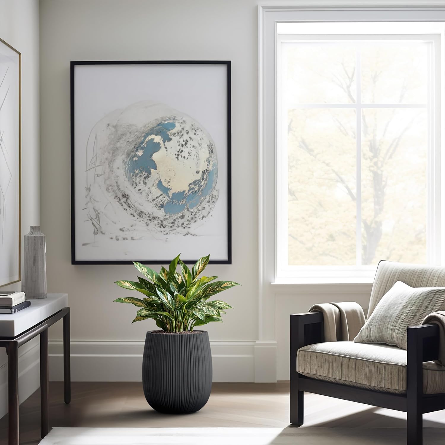 Kante 12.6" Dia x 14.6" H Round Concrete Planter, Streamlined Fluted Large Plant Pot with Drainage Hole and Rubber Plug for Home, Patio, Garden, Black Finish with Painted Interior - Image 5