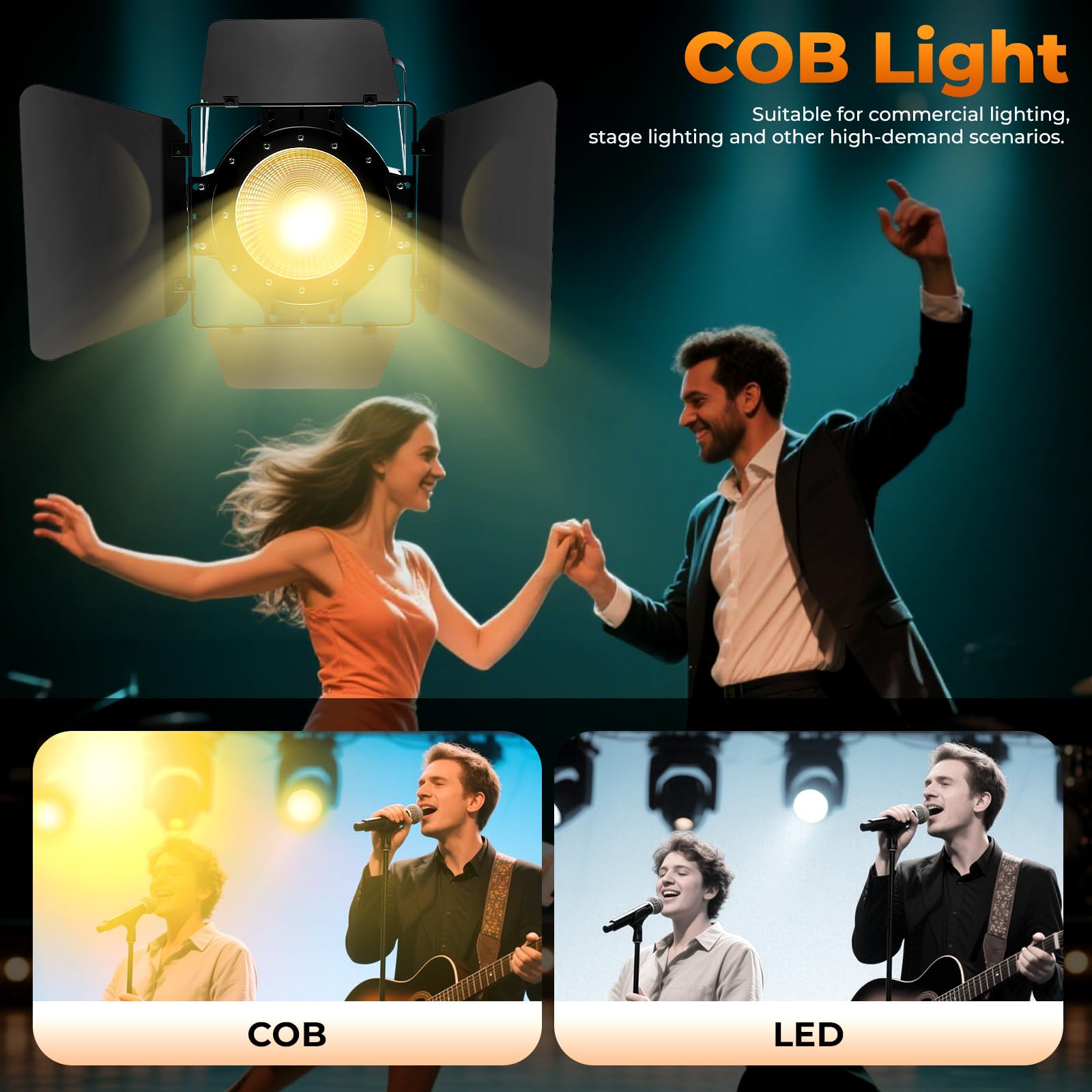 Luce LED da palcoscenico, 200 W, COB Par, 6 CH, 2 in 1, faretto da teatro per palcoscenico, faretto COB per palcoscenico, luce stroboscopica professionale, per DJ, studio, concerti, matrimonio, teatro