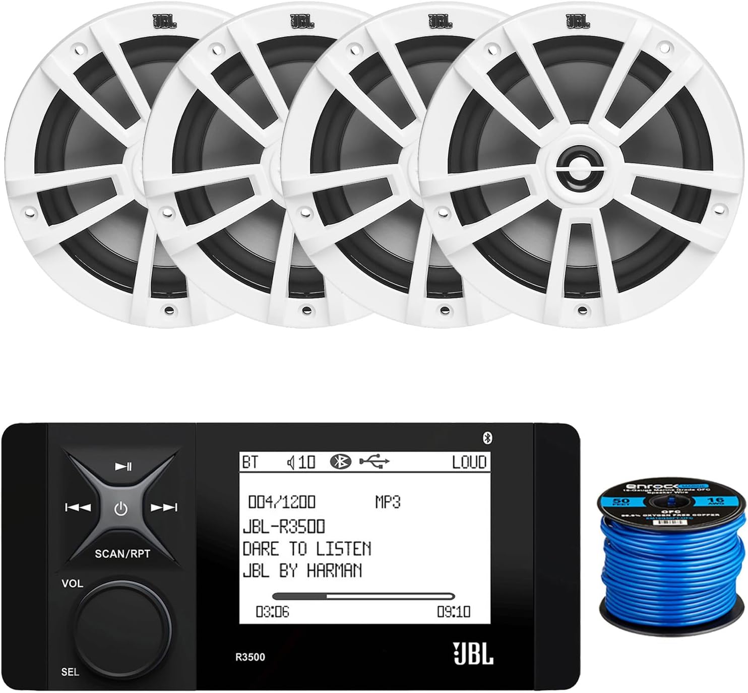 Marine Bluetooth AM/FM Stereo Digital Media Receiver, 4X 6.5 Multicolor LED OEM Replacement Speakers (White + Grey Grilles) w/Wire