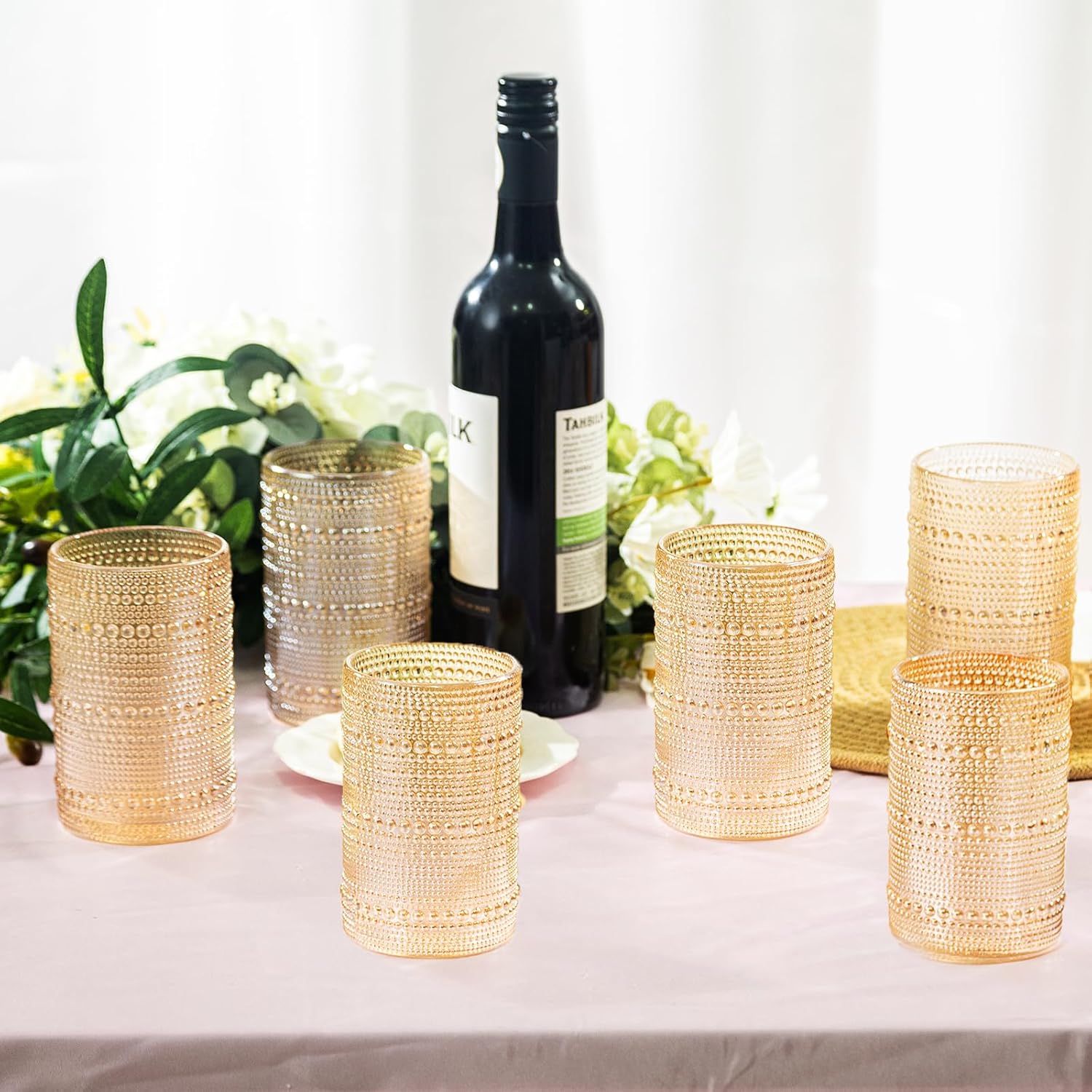 XKXKKE Amber Hobnail Beaded Drinking Glasses Set of 6, 15 oz Vintage Glassware Set Romantic Water Glasses Tumbler, Water Cups, Clear Embossed Glassware Set for Beer, Juice, Cocktail, Soda, Beverages
