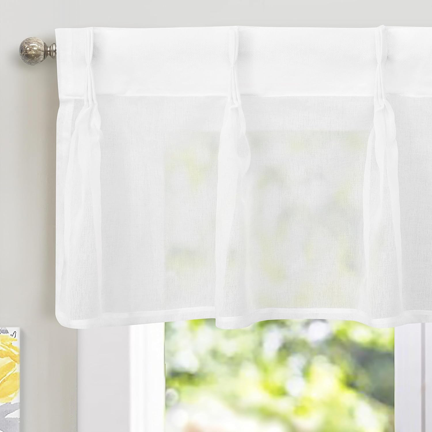 DriftAway 52 Inch Width Pinch Pleated White Sheer Kitchen Curtain Valances for Bedroom Living Room Bathroom Light Filtering Back Tab 16 Inch Length Short Window Topper 1 Panel Pinch Pleat White 52"W x 16"L (Pack of 1)