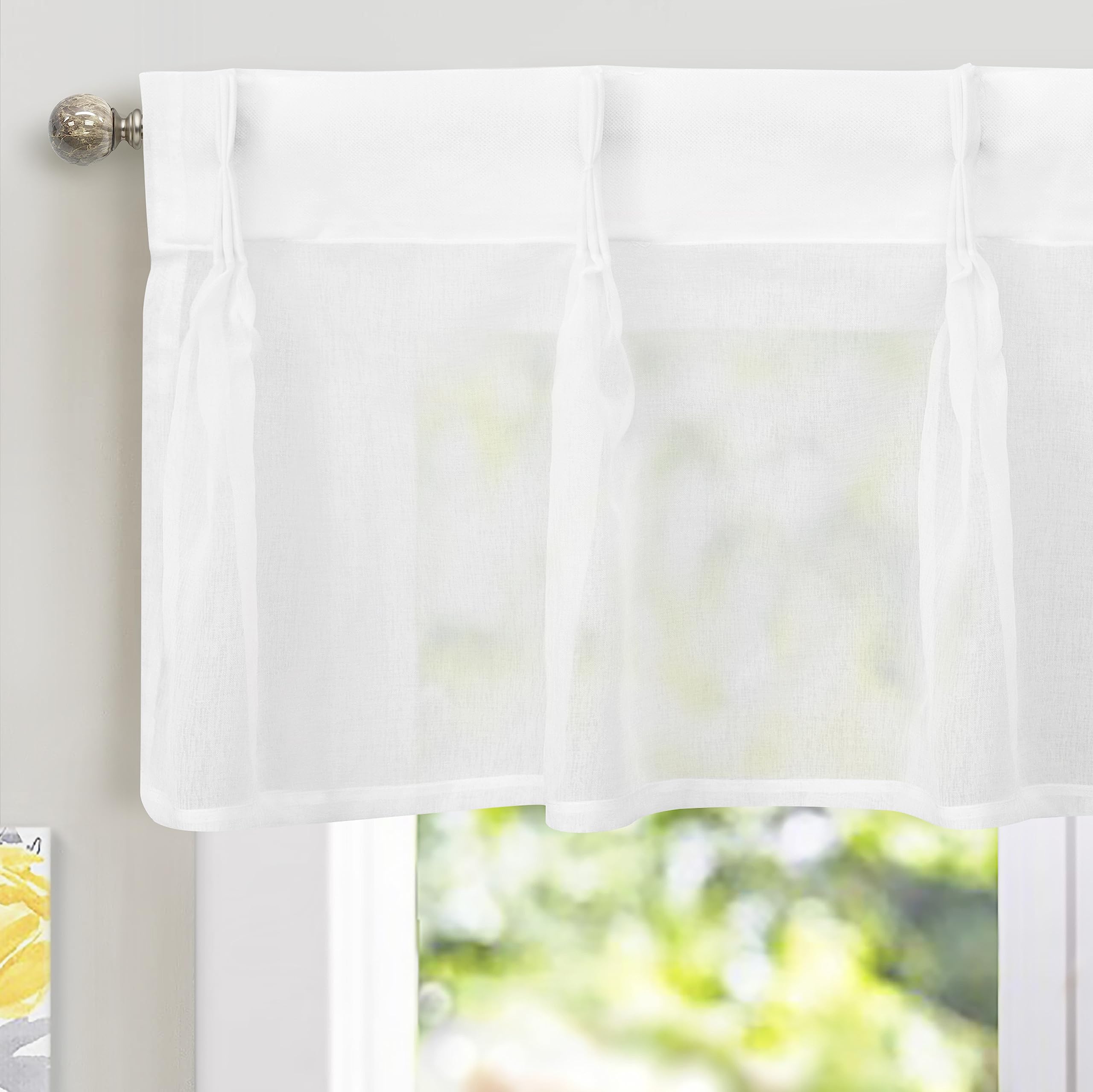 DriftAway 52 Inch Width Pinch Pleated White Sheer Kitchen Curtain Valances for Bedroom Living Room Bathroom Light Filtering Back Tab 16 Inch Length Short Window Topper 1 Panel