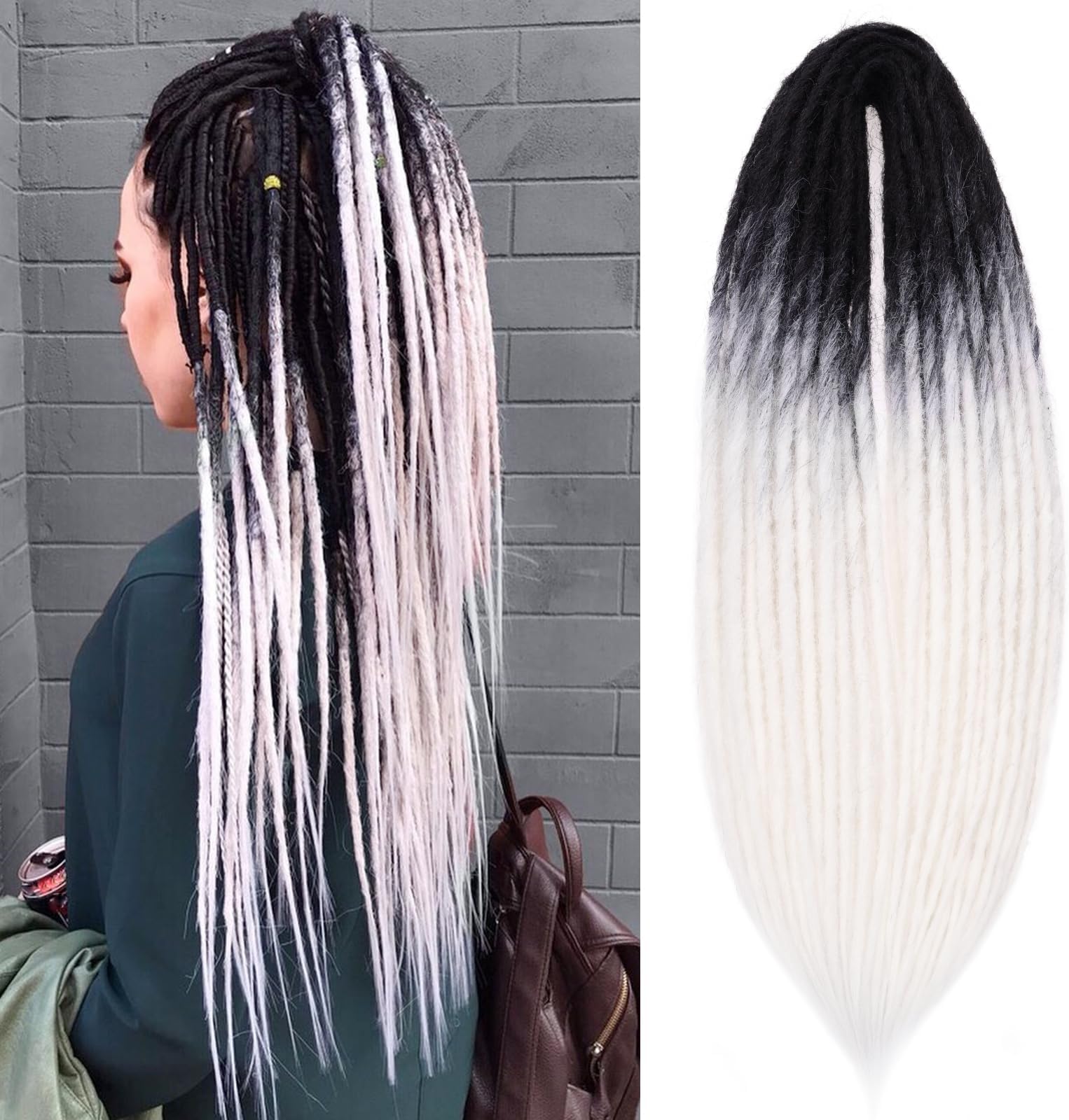 Leeven Double Ended Dreadlock Extensions 24 Inch Black to White Synthetic Crochet DE Dreads Extensions 10 Strands Handmade Soft Loc Extensions Reggae Style Hair for Women Men