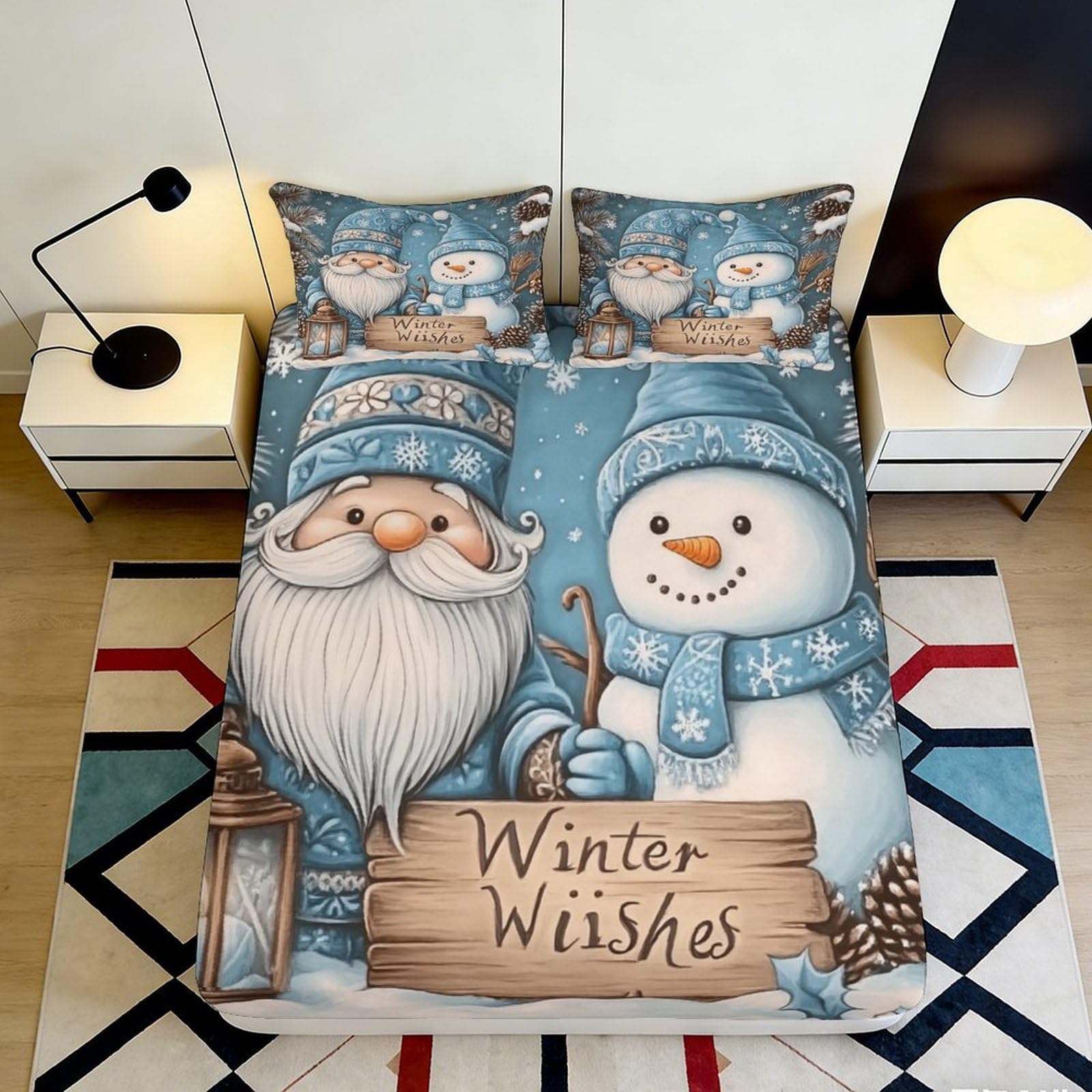 3D Printed Winter Wishes Fitted Sheet Microfiber Soft Breathable Snowman Bed Cover for Bedroom Dormitory Guest Room Mattress Protection 160x200x25cm