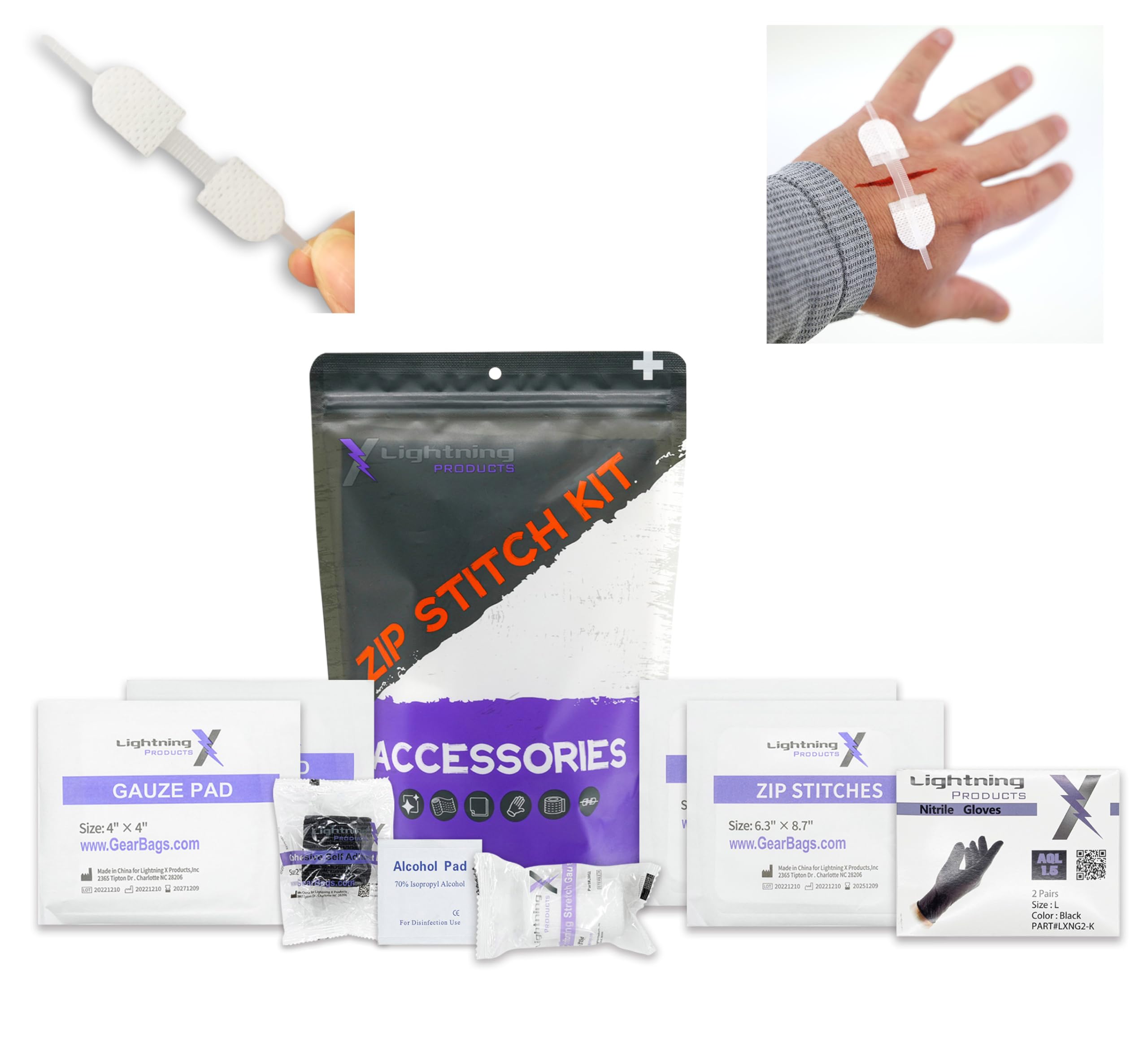 Lightning X MED POD - 6pc Zip Stitch Kit, Suture-Free Adhesive Wound Closure Strips for Cuts & Lacerations w/Gloves, Prep Pads & Gauze