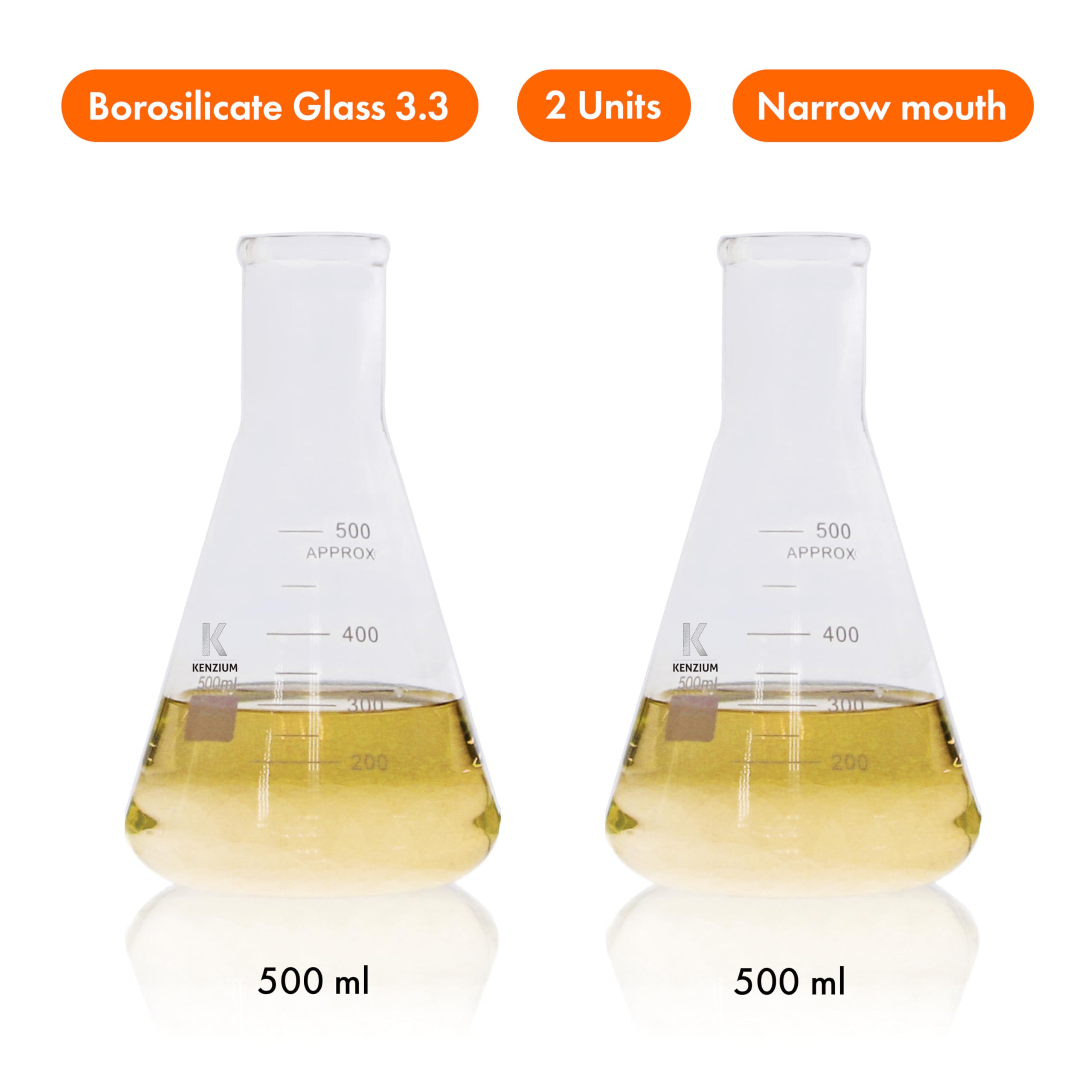 KENZIUM - Pack 2 x Matraces Erlenmeyer | 500 ml | Vidrio Borosilicato 3.3 | con Graduación Impresa | de Boca Estrecha | Ideal Laboratorio y Educación