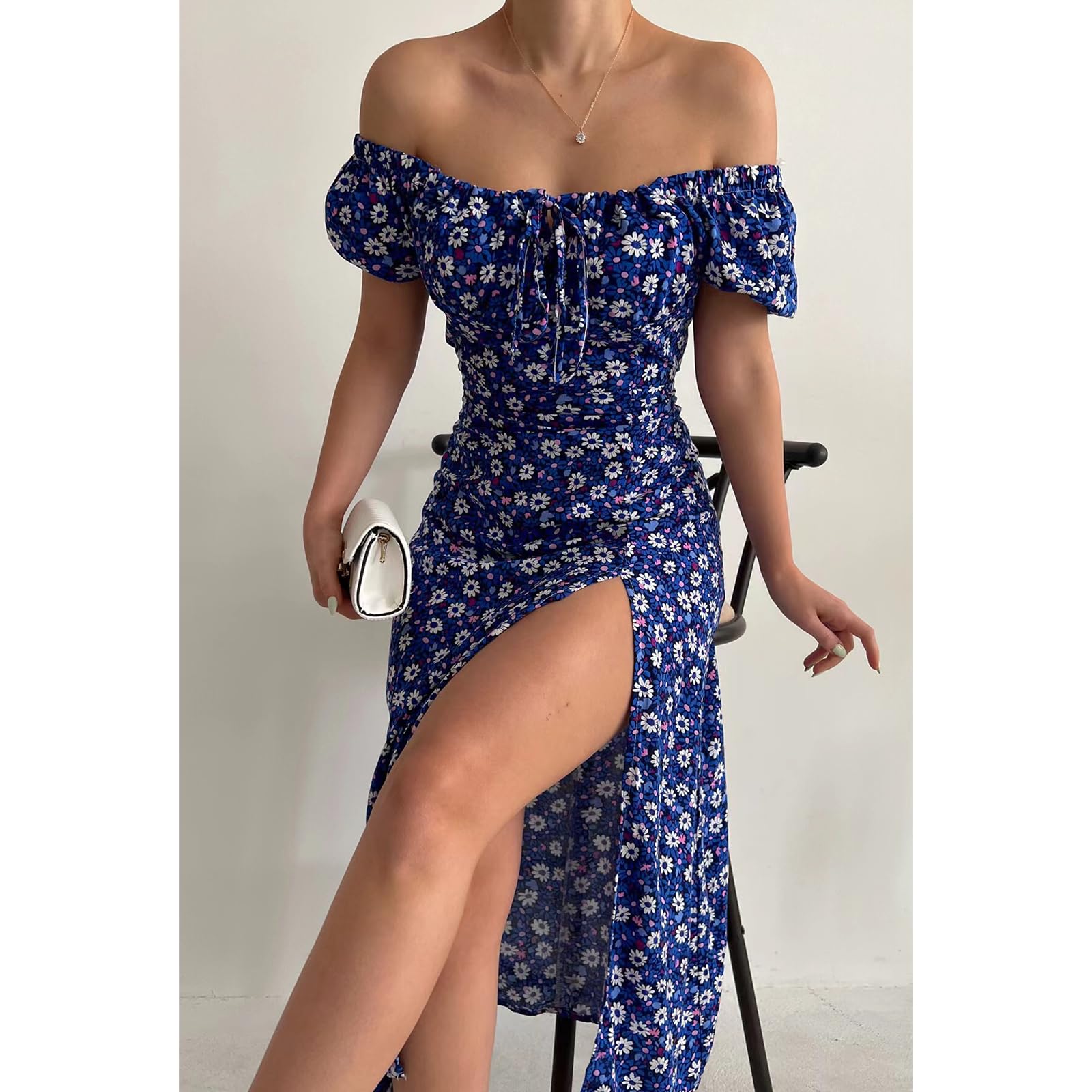 Vestidos de Verano Vestidos Femeninos Elegantes Vestidos de Hombro Y Espalda Abiertos Cintura de Verano Vestidos Largos Vestidos de Manga Corta Envueltos en Caderas Fiesta, HUTALIM, Azul, XL