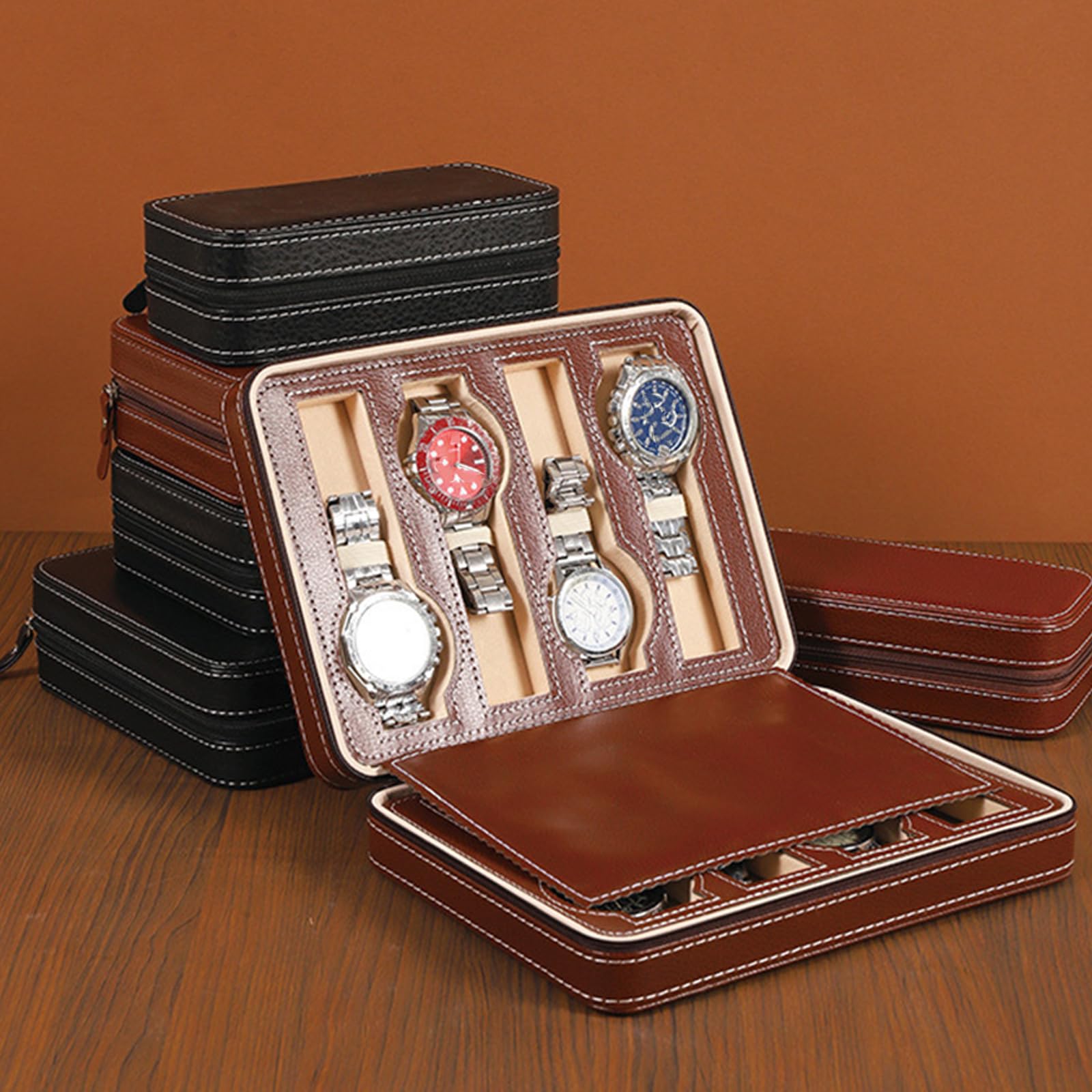 Estuche organizador de relojes con 8 ranuras con exterior de PU, ranuras acolchadas suaves y cierre de cremallera para almacenamiento en hogar y rollo de exhibición Soporte de viaje para relojes