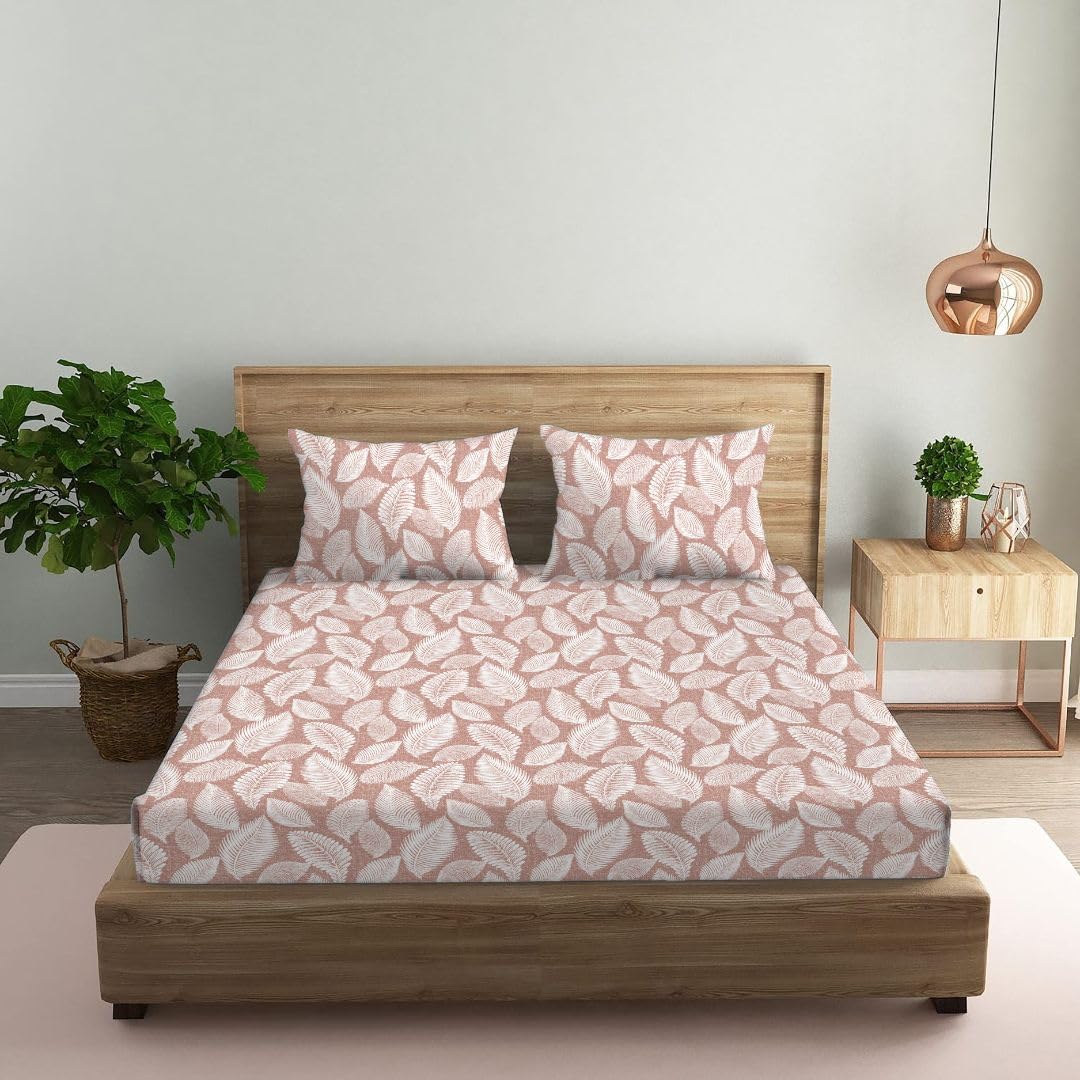Queen Size Bedsheet in 210 TC with 2 Large Pillow Covers | Autumn Leaves Peach Design | Bed Sheet for Double Bed | 90" x 100" | 100% Cotton | Washable | European Quality | Cotton Bed Cover