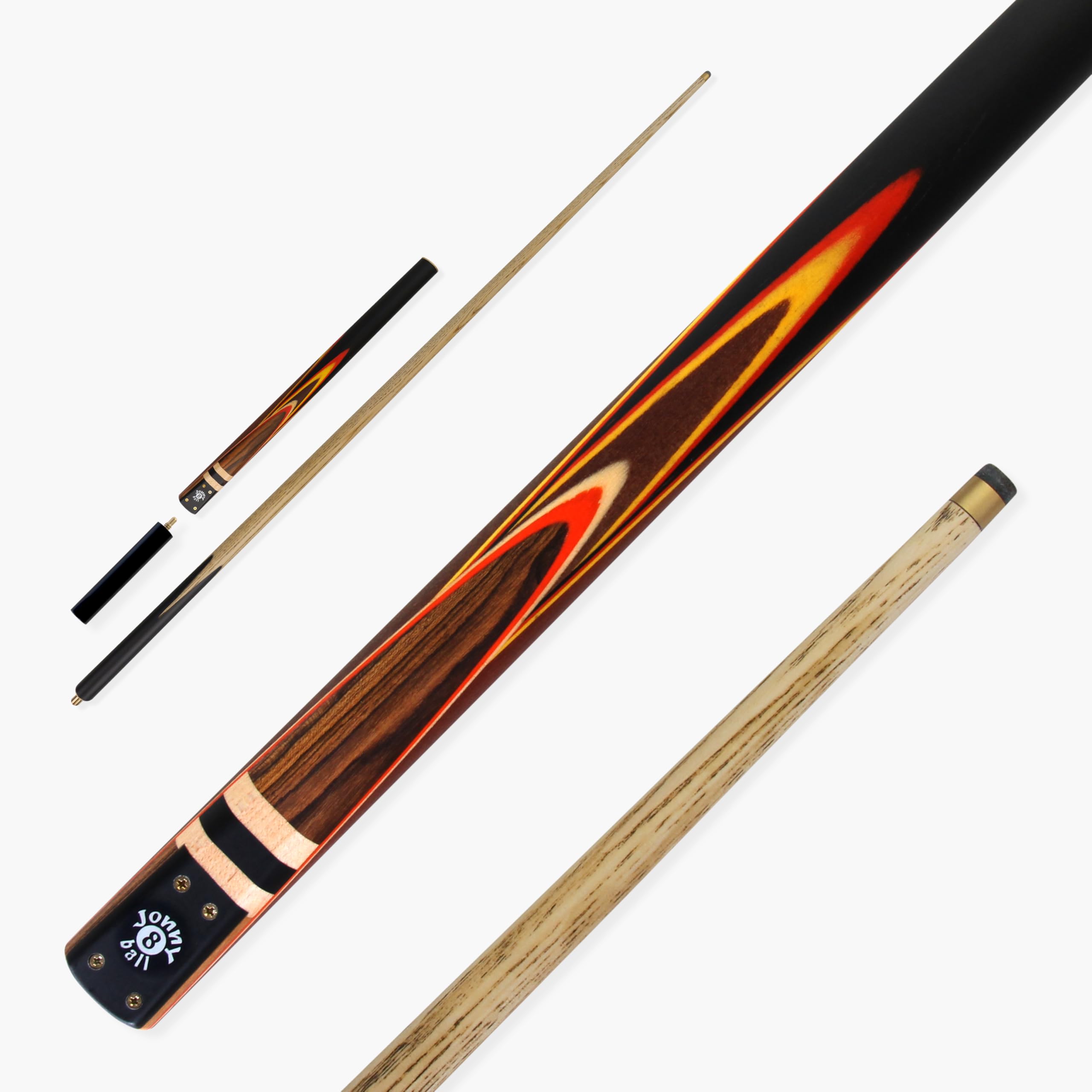 Jonny 8 Ball Traditional Range 57 Inch ¾ Jointed Snooker English Pool Cue with 9mm tip + 6 Inch Mini Butt (Red Yellow Explosion)