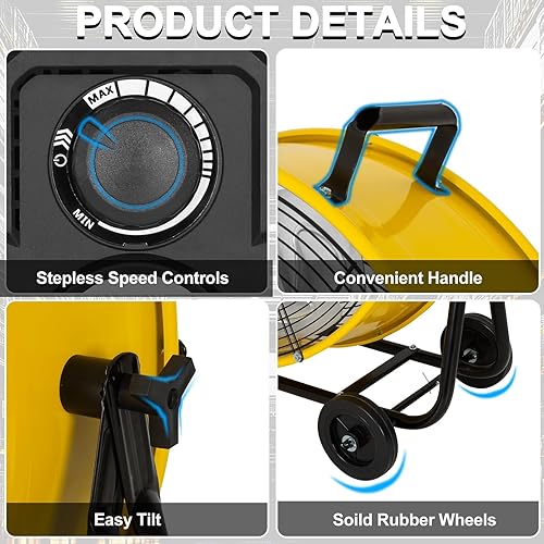 Miniatura 4 de Ventilador de tambor resistente de 24 pulgadas con motor de CC, ultra silencioso, 7800 CFM, ventilador de tambor de metal con inclinación industrial