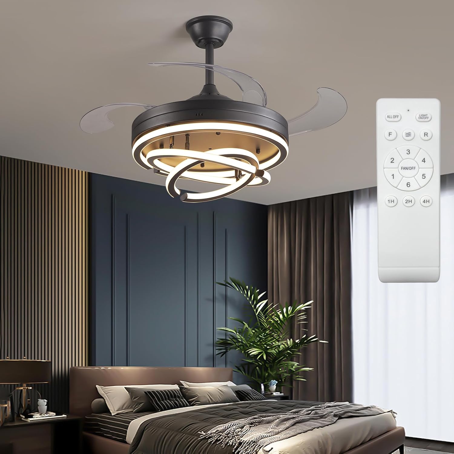 42" Retractable Ceiling Fan Modern Ceiling Fans with Lights and Remote, Silent DC Motor,3 Color 6 Speed Chandelier Ceiling Fan with Lights for Bedroom Living Room (42 inch)