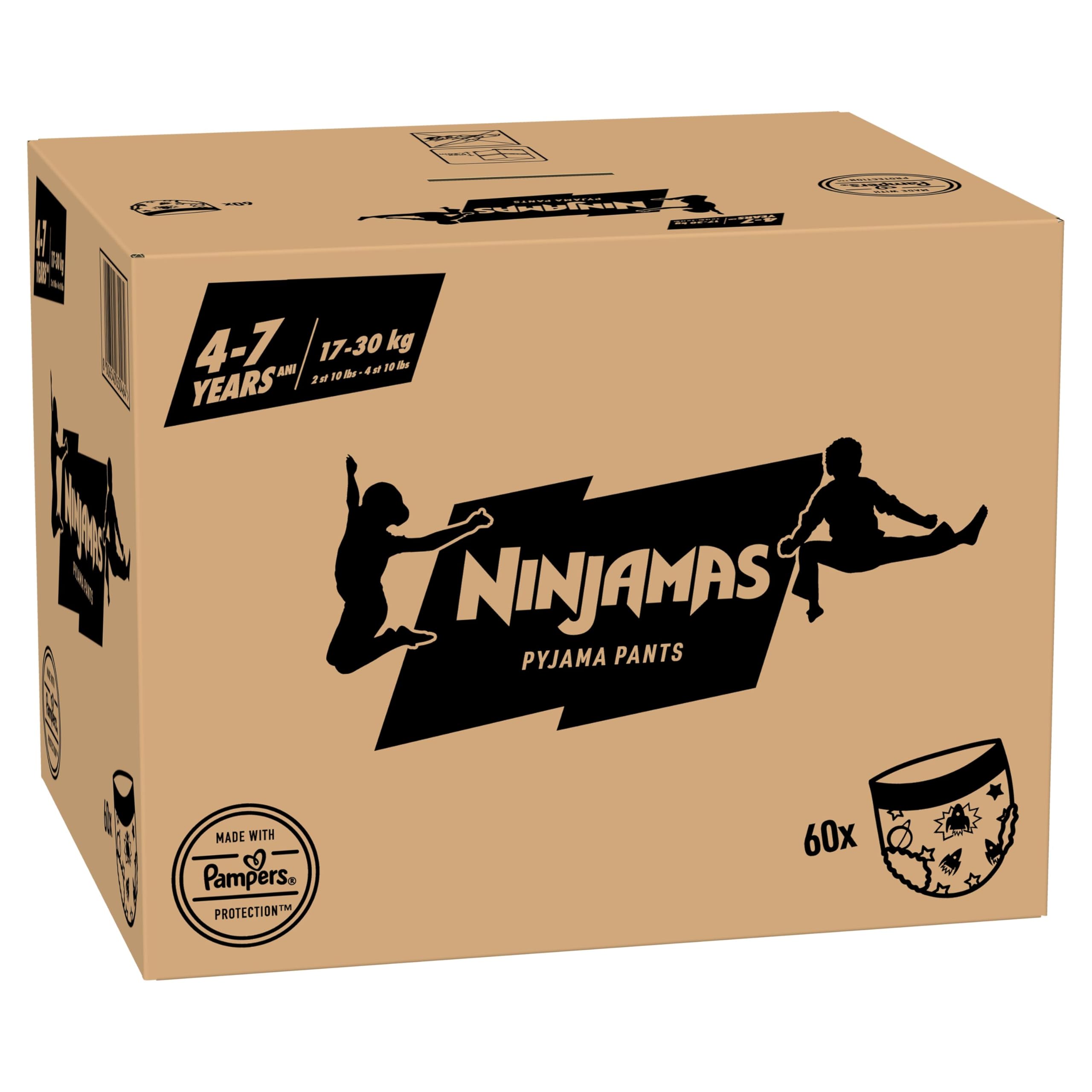 Pampers Ninjamas Pyjama Pants, Garçon, 60 Sous-Vêtements de nuit Absorbants, 4-7 Ans, 17-30kg, Protection Maximale Contre Les Fuites Toute La Nuit En Toute Discrétion, Pack 1 Mois