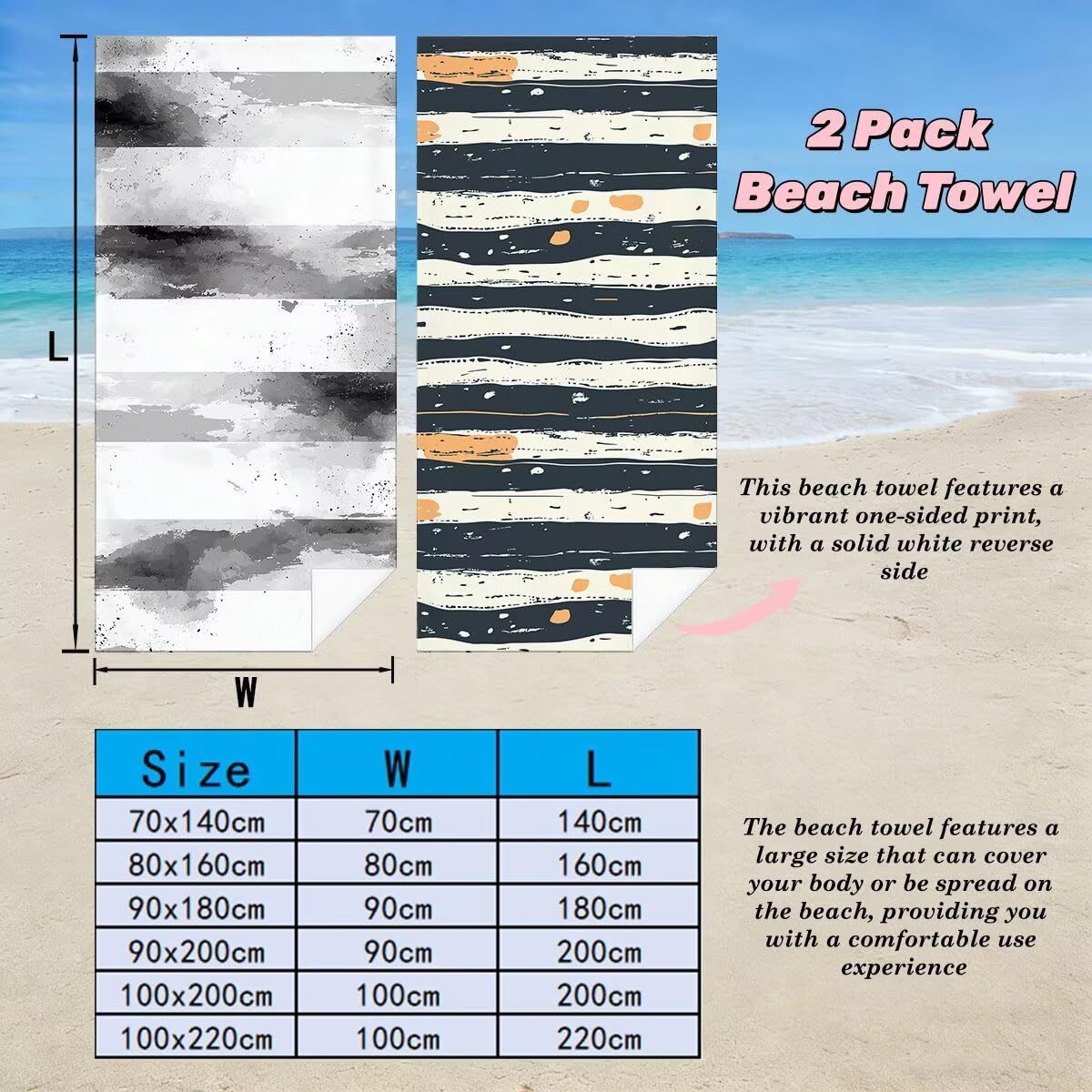 Ręcznik plażowy XXL, 100 x 220 cm, zestaw 2 szt., z mikrofibry, w paski, szybkoschnący, do sauny, fitness, bez piasku, ręcznik plażowy, duży ręcznik do sauny, prezent dla kobiet -4533