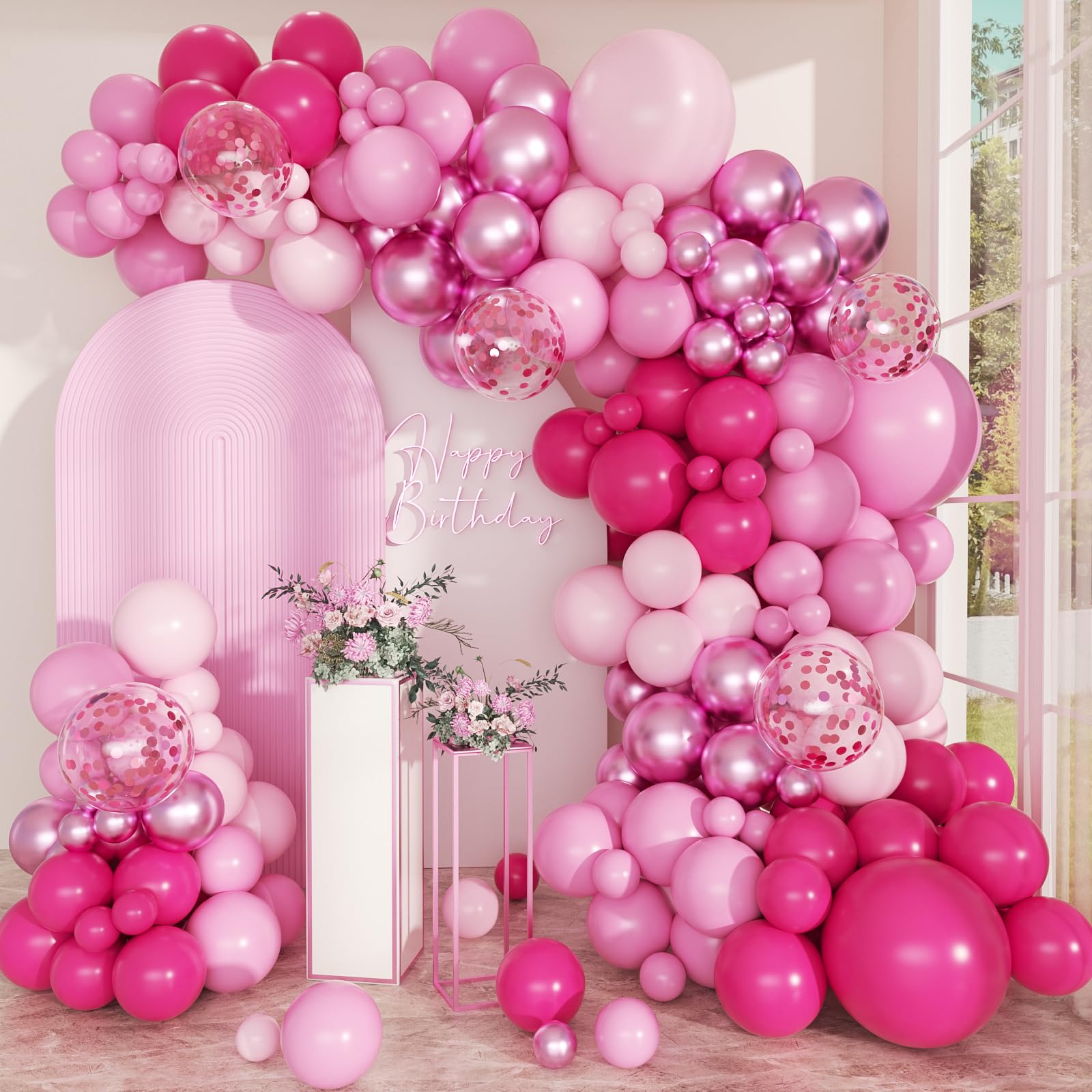 Pink Balloon Arch Kit, 168 Pcs Hot Pink Balloon Garland, 18 12 10 Inch Confetti Latex Metallic Balloons for Birthday Princess Wedding Baby Shower