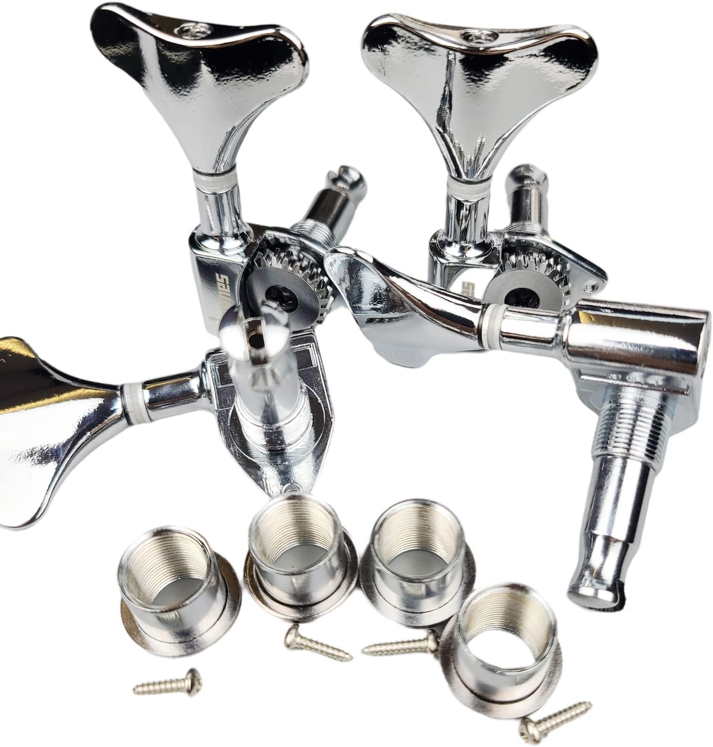 KAYNES 1:24 Ratio Silver Electric Bass Guitar Machine Heads Tuners Guitar Tuning Key Pegs Open Gear Replacement for Jazz Precision (4 for Right, Chrome)