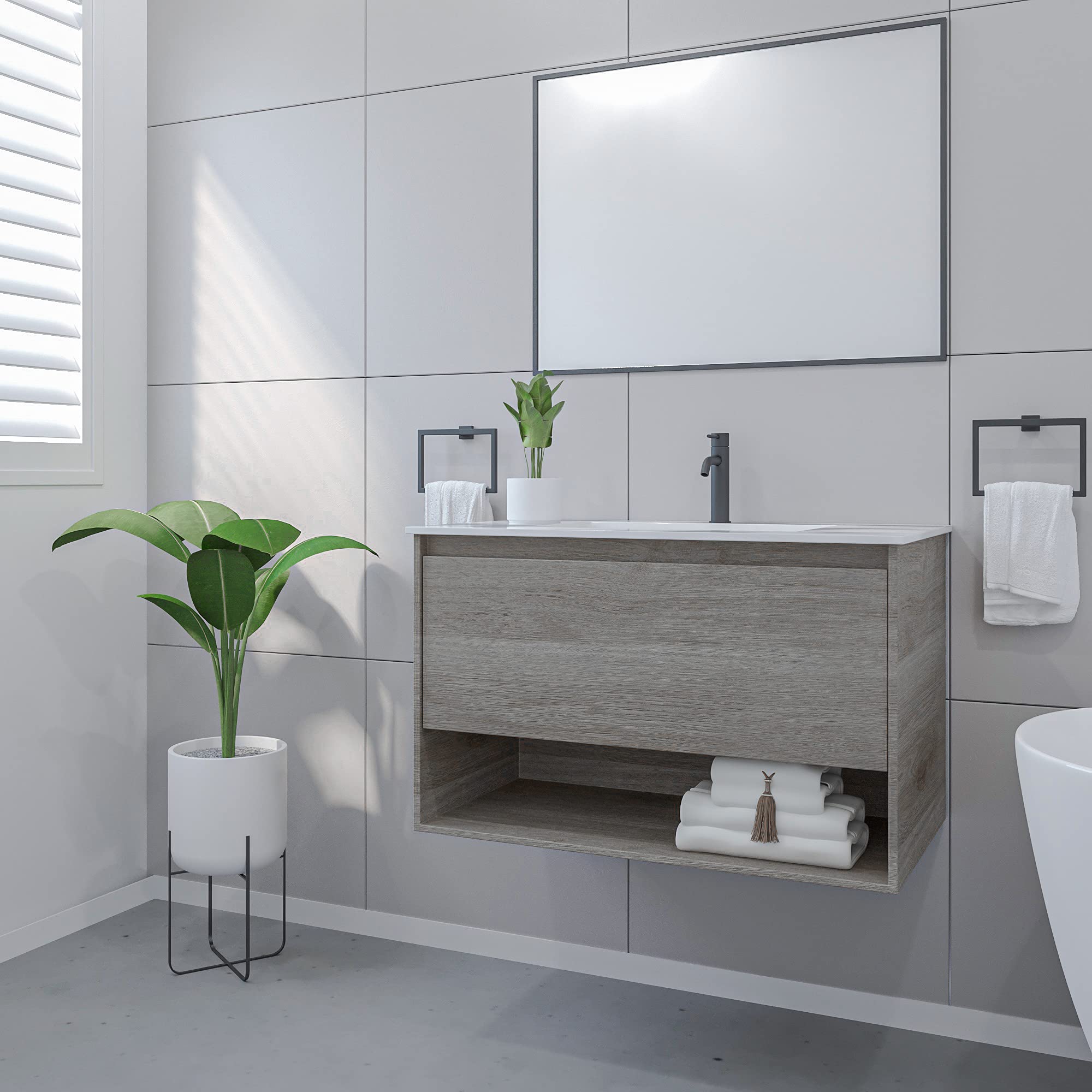 ZIK - Mobile Bagno con Lavabo e Specchio Moderno, Lavandino Bagno con Mobiletto in Legno e Ceramica, Mobile Sospeso con Finiture Eleganti e Cassetto e Vano Salvaspazio (Grigio Rovere 80cm.)