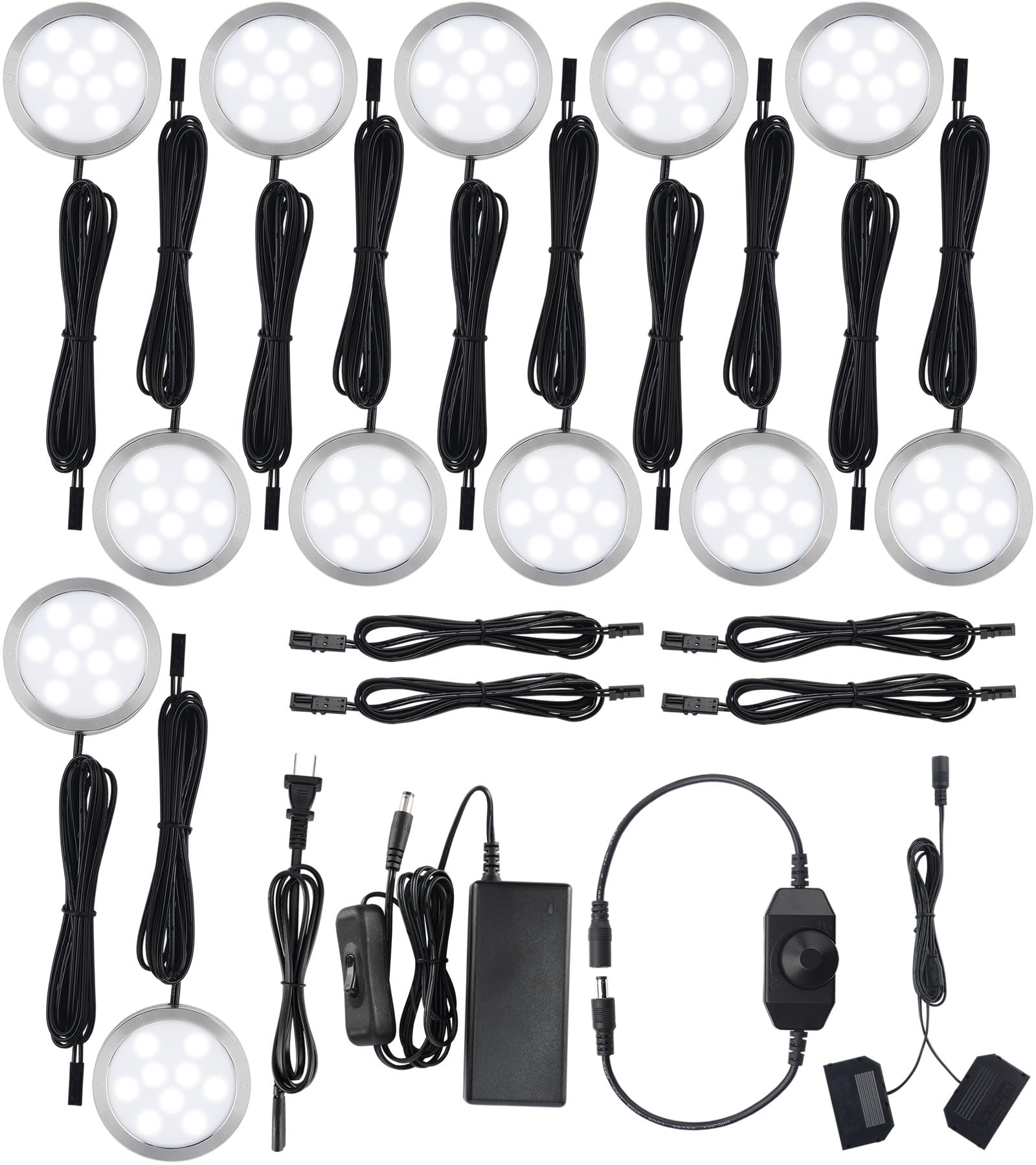 Meigour LED Puck Lights Kit for Under Cabinet Lighting, Rotary Dimmer Switch, Plug in & Hardwired, 120V AC Powered to DC12V, Black Cords, 12 Lights, Cool White
