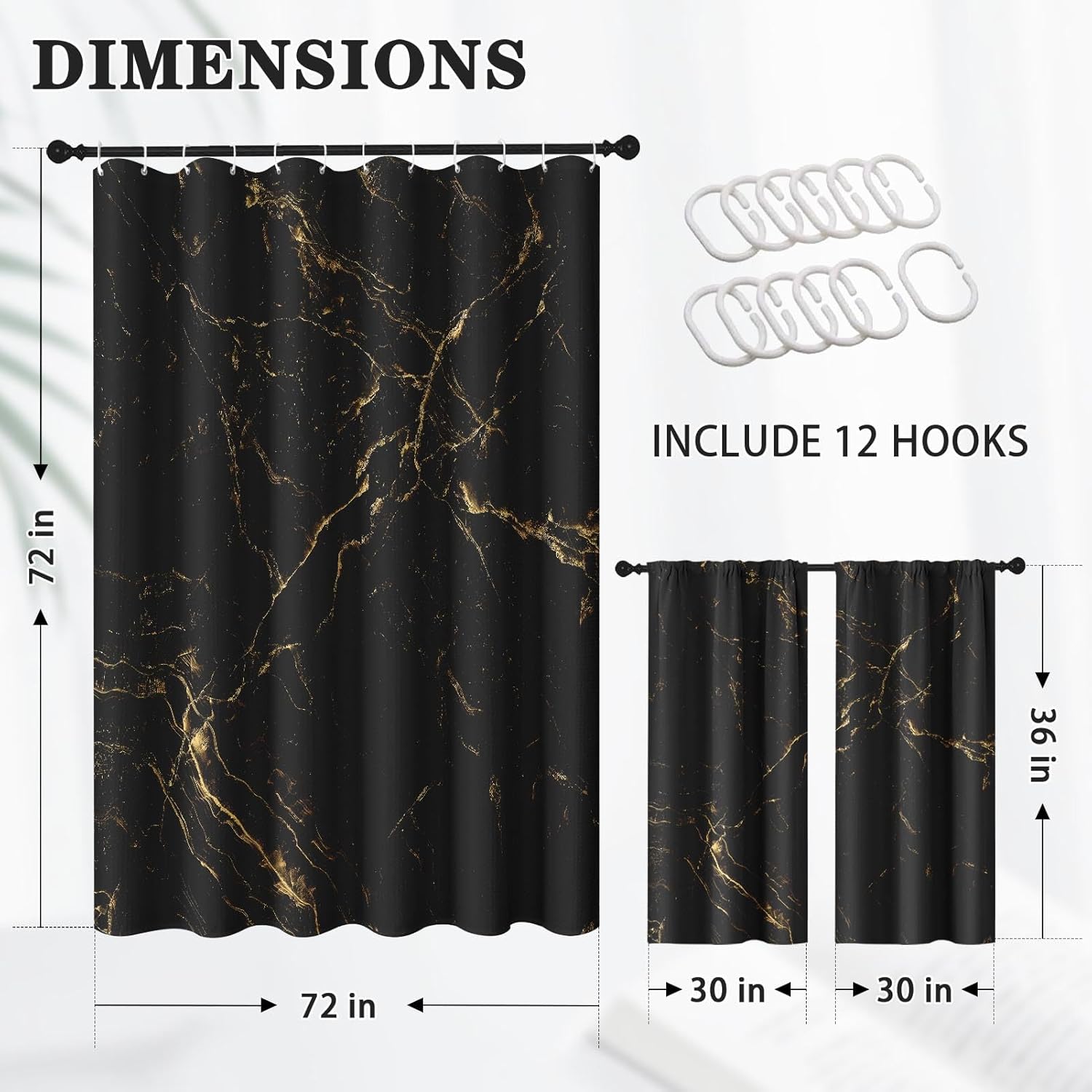 Marble Black Gold Shower Curtain Set, Abstract Art Bathroom Window Waterproof Shower Curtain Set for Bathroom Decor