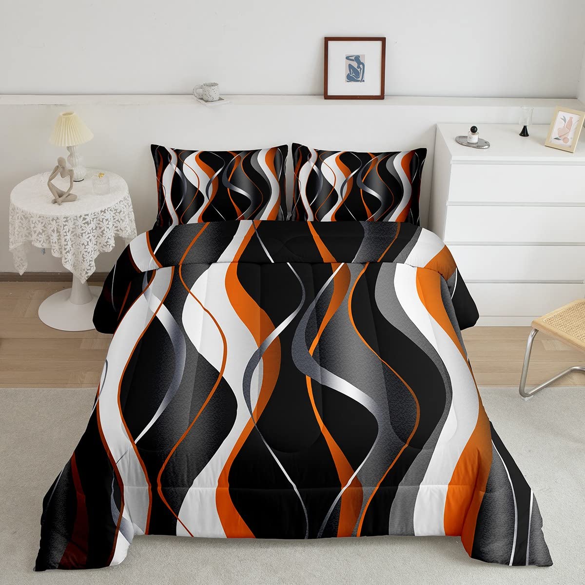 Feelyou Orange Grey Black Comforter Set Geometric Spiral Pattern Duvet Set for Boys Girls Modern Luxury Inner Fill Bedding Set Abstract Art Comforter 1 Comforter Set with 2 Pillowcases King Size