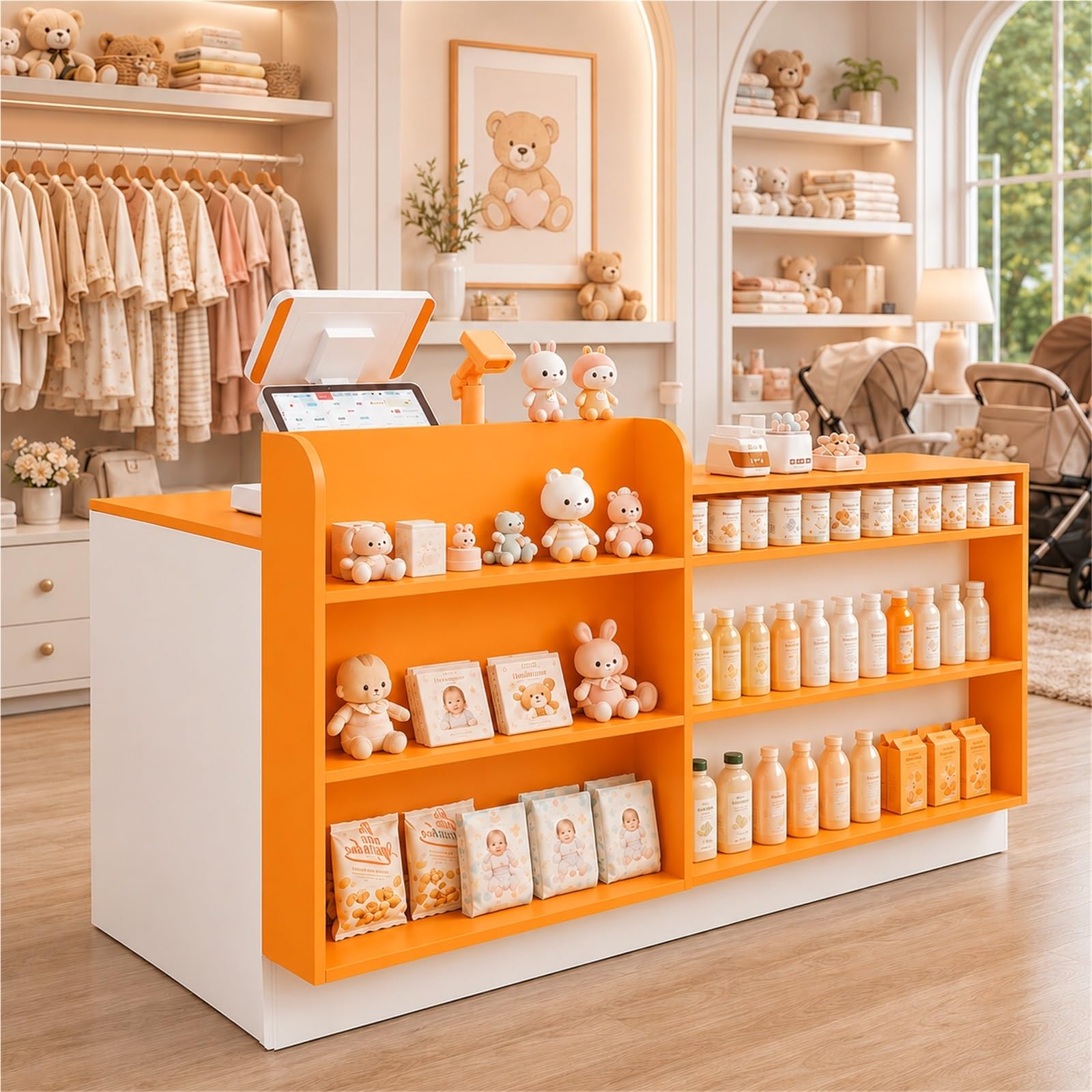 Mostrador de Recepción con Estantes y Almacenaje, Mostrador Caja para Tienda, Salón, Boutique, Librería, Comercio y Recepción Moderna Pro Comercial(White+Orange Right,80cm/31.5")