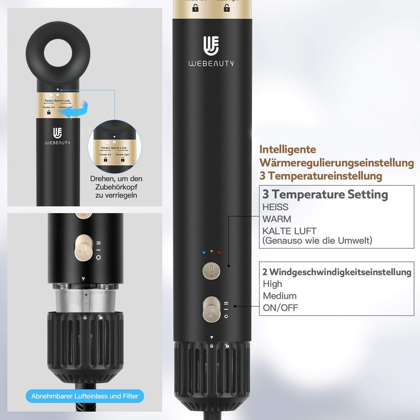 webeauty 6 en 1 Cepillo Moldeador de Pelo Cepillo Secador de Pelo Negro | 110,000RPM/Min, 500W Ionico Secador Alisador de Pelo 30m/S Secador Cepillo 1400W Secador Moldeador de Pelo