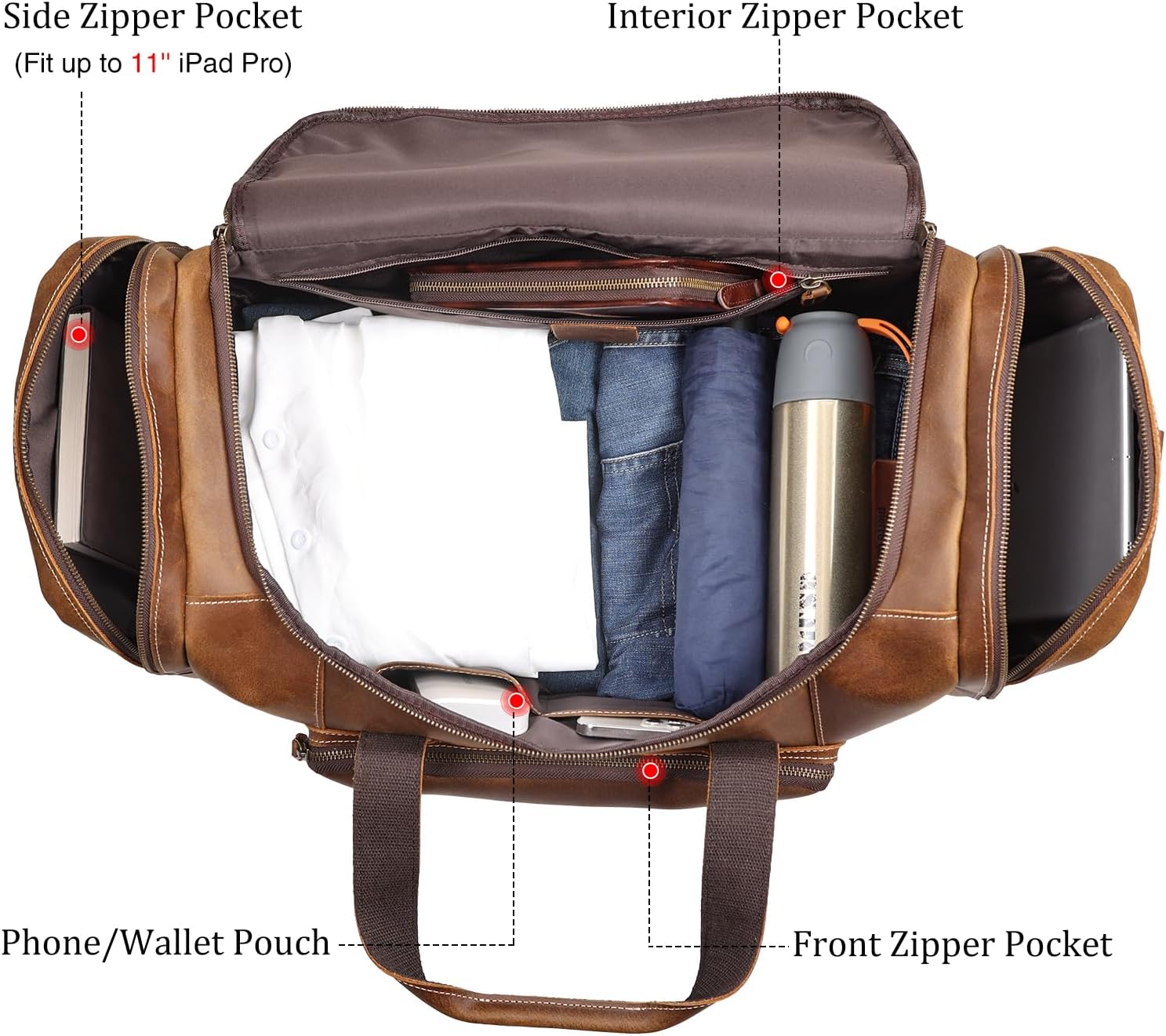 Polare 23" Full Grain Cowhide Leather Gym Duffle Weekender Overnight Travel Duffel Bag For Men - Image 5