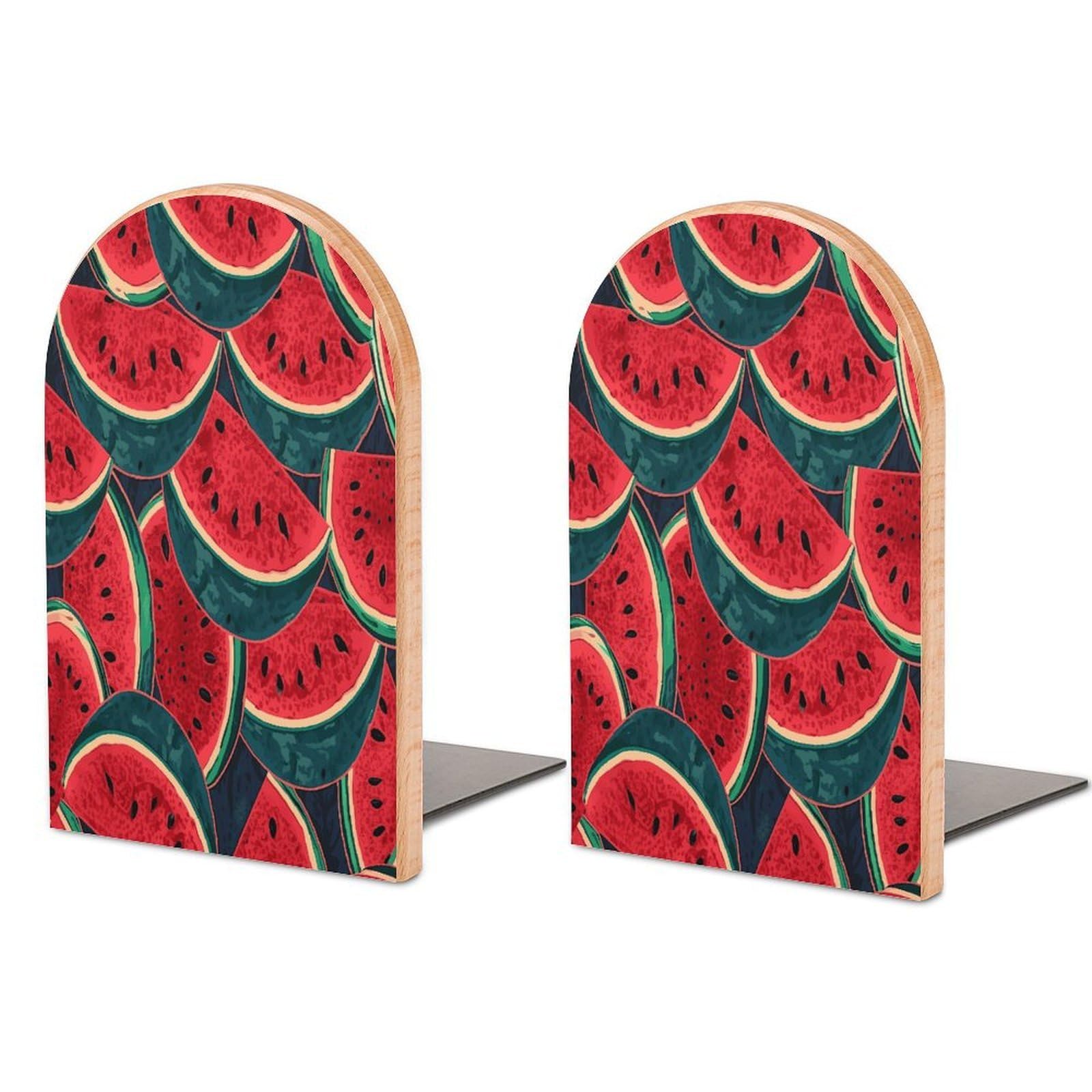 Red Watermelon Bookend for Shelves Non-Skid Book Holder Modern Heavy Duty Bookend Stopper Metal Base Wood Book End Books Shelf Holder Home Decorative 1pair 5x3.9x3.1