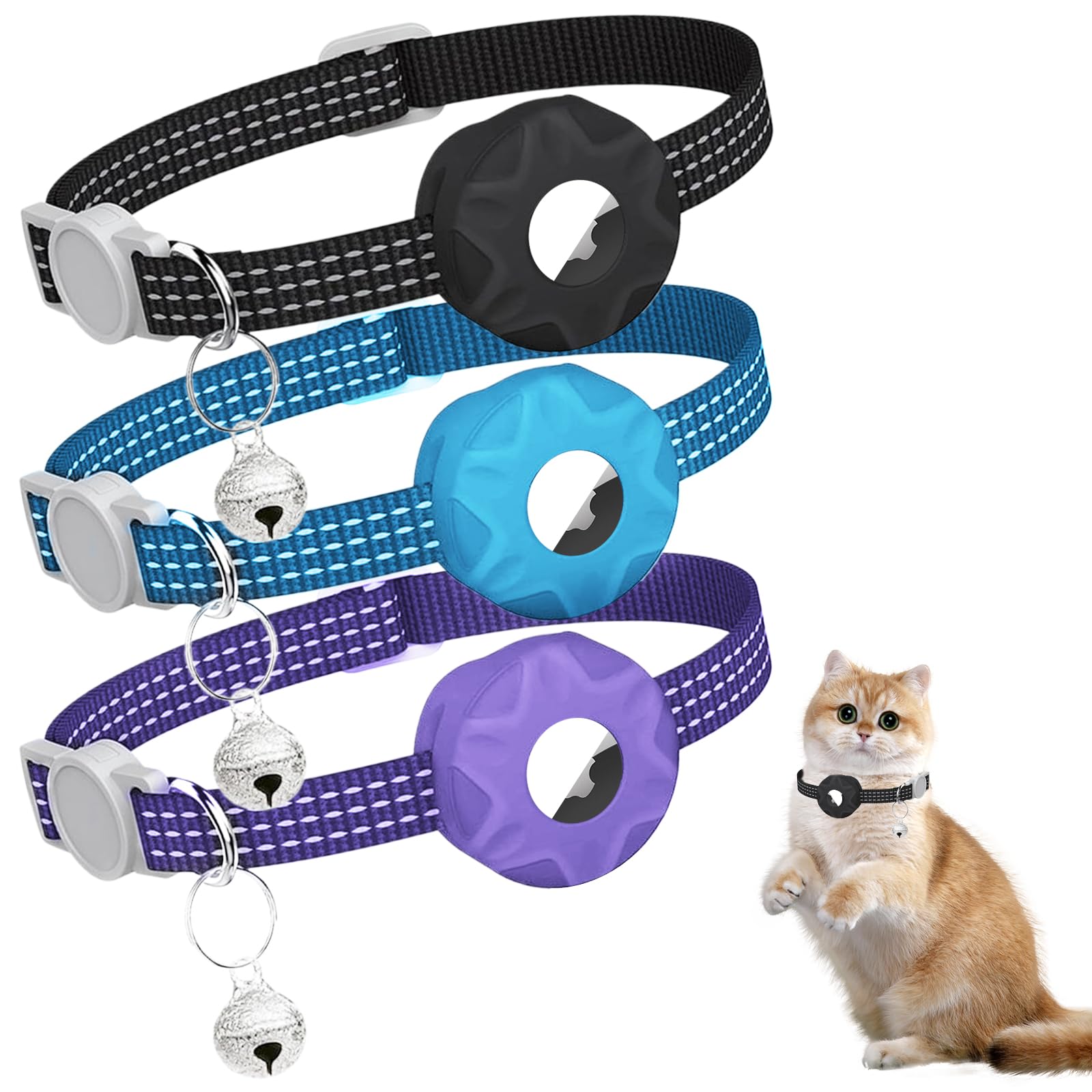 3 Pack Collar Gato Compatible con AirTag, Collar Gato GPS Reflectante Ajustable Antiahogo con Hebilla de Seguridad y Cascabel, Protector de Silicona para AirTag (AirTag No Incluido)
