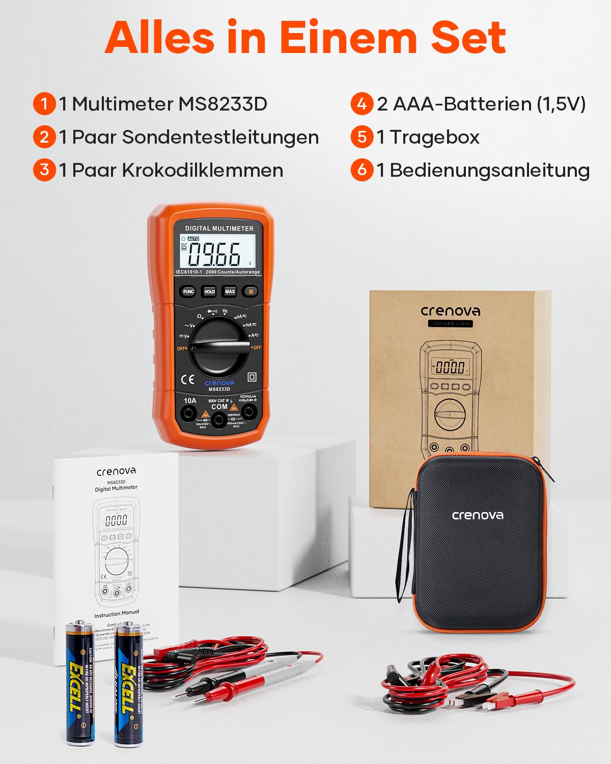 Crenova MS8233D, Multimetro digitale, per il range dell’auto AC, tester di tensione, misurazione della tensione, corrente, resistenza, tester portatile, con retroilluminazione