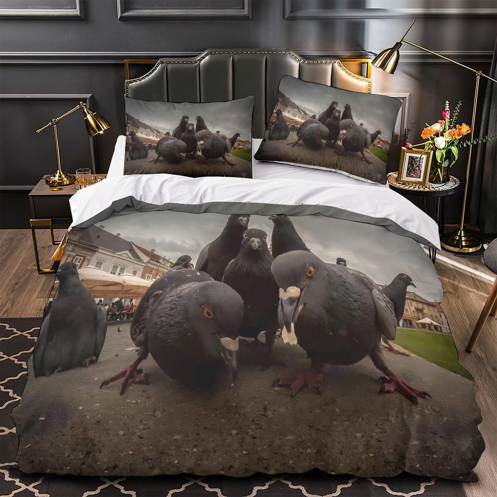 Parure de lit style urbain scène de rue avec pigeons pour chambre d'adulte