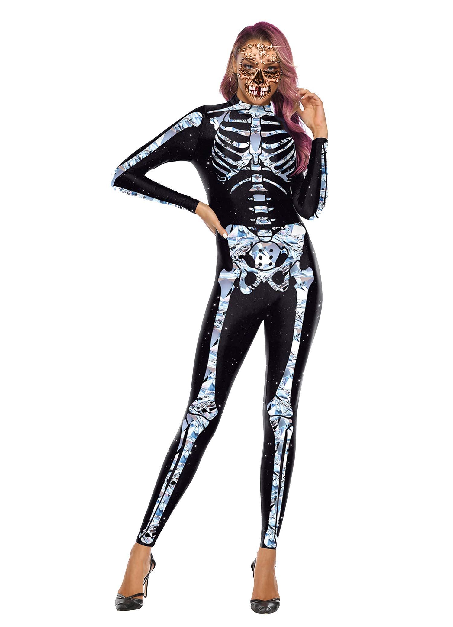 Honeystore Women's Halloween Skeleton Print Costume Stretch 1-Piece Jumpsuit