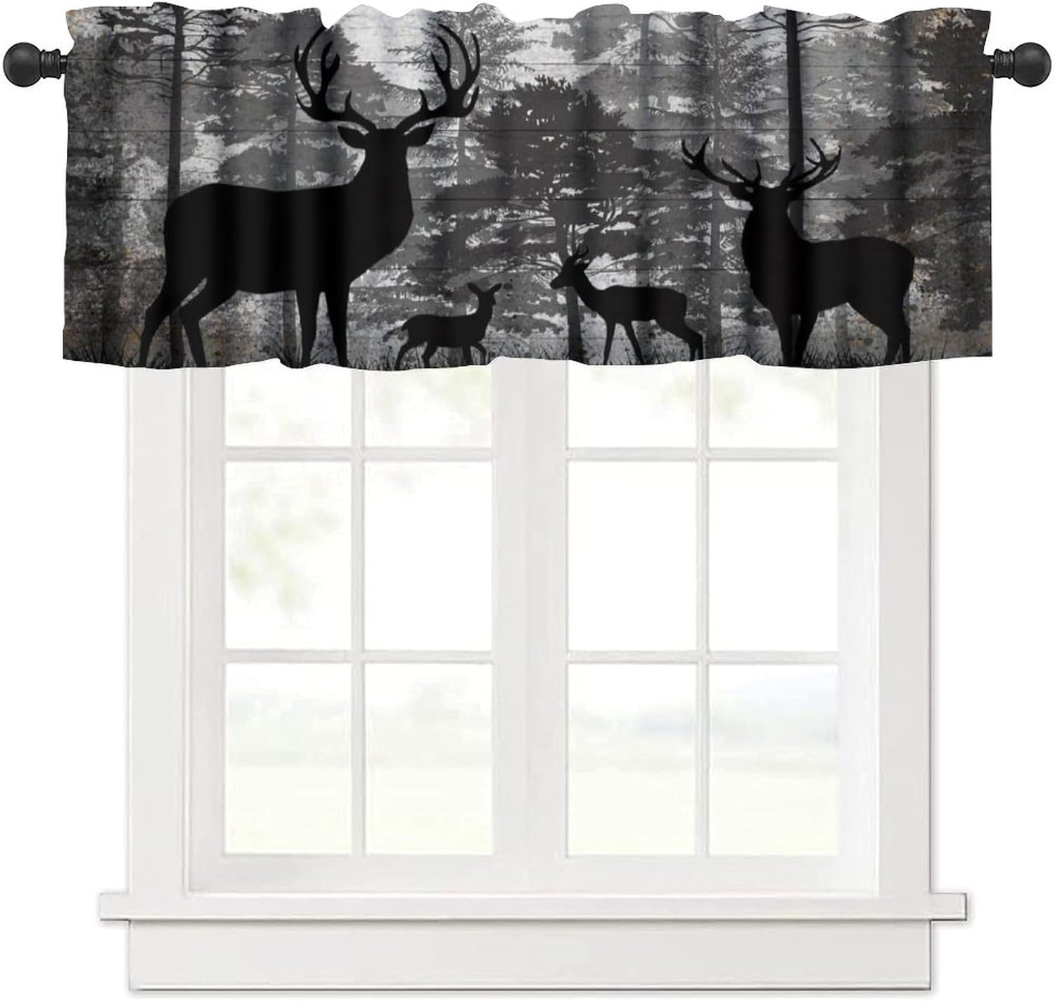 Deer Valance Curtains for Kitchen Decor, Retro Black Forest Wild Animal Woodland Window Treatments, Vintage Elk Rod Pocket Drapes for Boys Man Teen Room Bedroom, 54x18in 1P/27x36in 2P