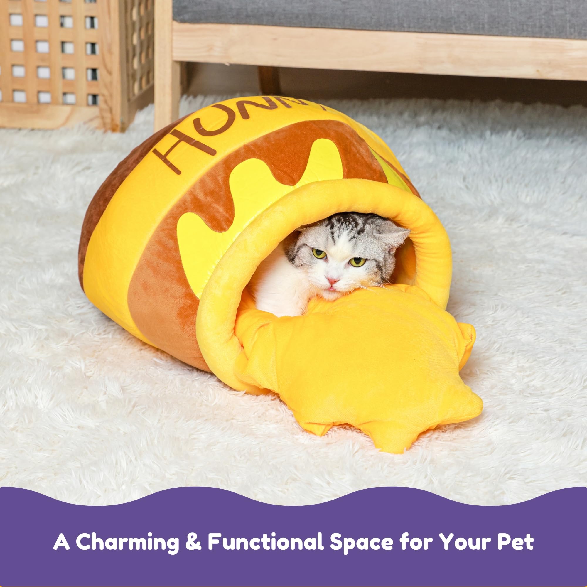 PECHVINO Honey Pot - Cuccia per gatti e animali domestici di piccola taglia, comoda cuccia per animali domestici chiusa, dimensioni medie e grandi, design con vaso di miele per gatti e animali