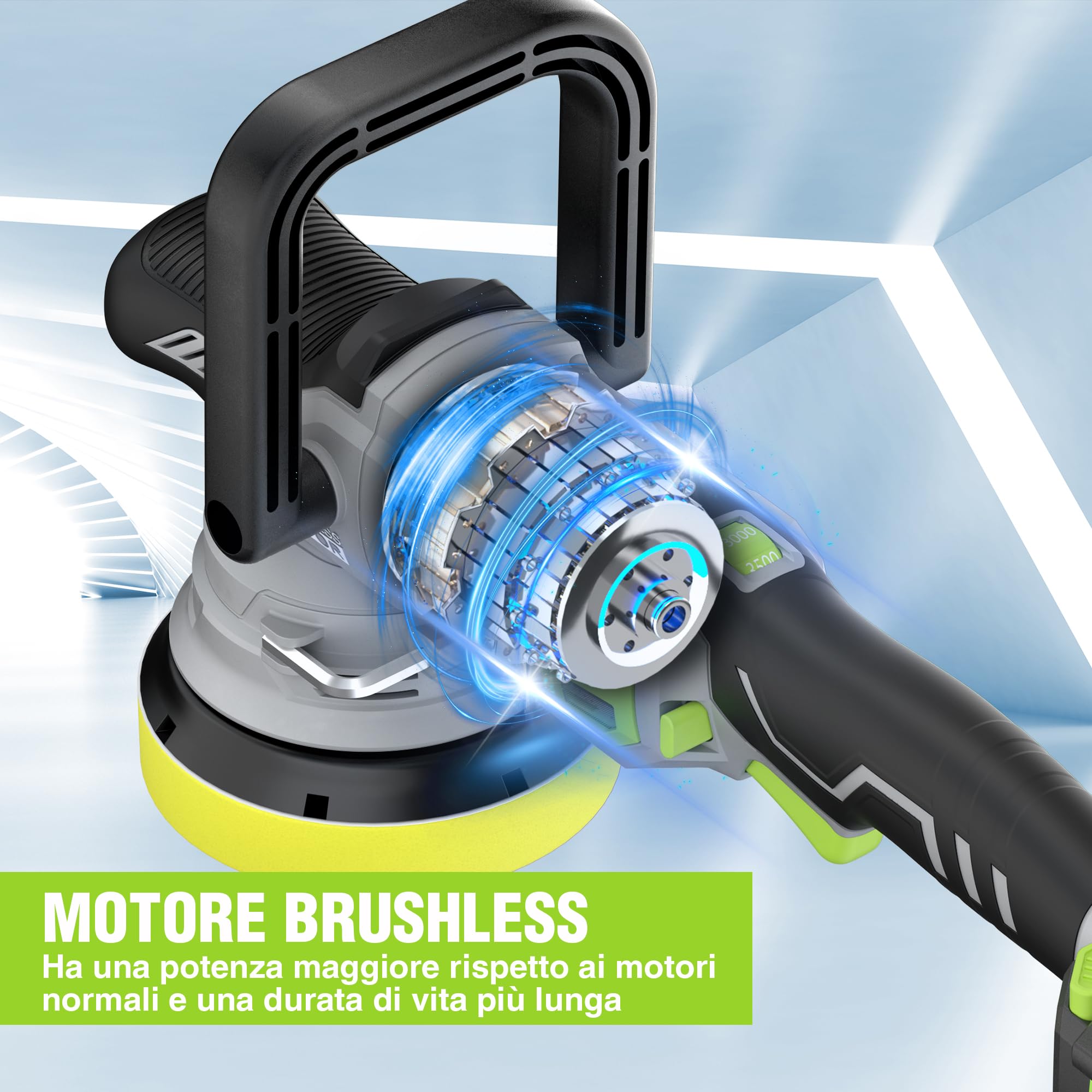 WORKPRO Lucidatrice per Auto 20V, Lucidatrice Orbitale a Doppia Azione, 7 Velocità (2000-5000 Giri/Min), Impugnatura a D Rimovibile, con Borsa, per Lucidare Auto, Pavimenti, Piastrelle, Mobili
