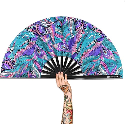 Abanico Plegable Grande, Abanico Rave Clack de 13 Pulgadas, Abanico de Mano para Mujeres y Hombres con Tela de Satén Premium, Marco de Bambú Grueso