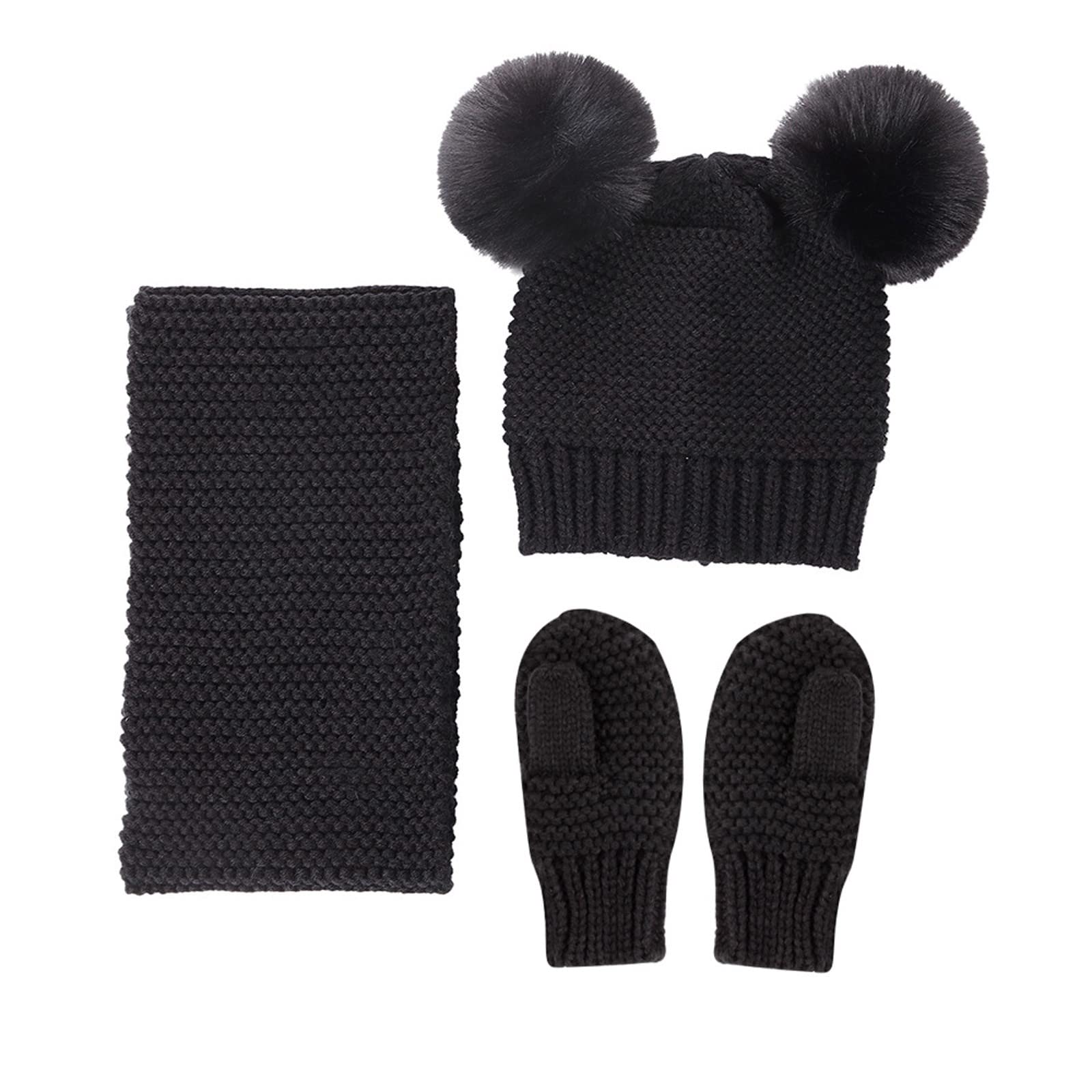 Czapka Zimowa Ciepła Rękawiczka Materiałowa Czapka Dziecięca Ciepła Zimowa Trzy Wełniane Monochromatyczne Zestaw Przędzy Kapelusze Czapki Dziecięce/Black/One Size