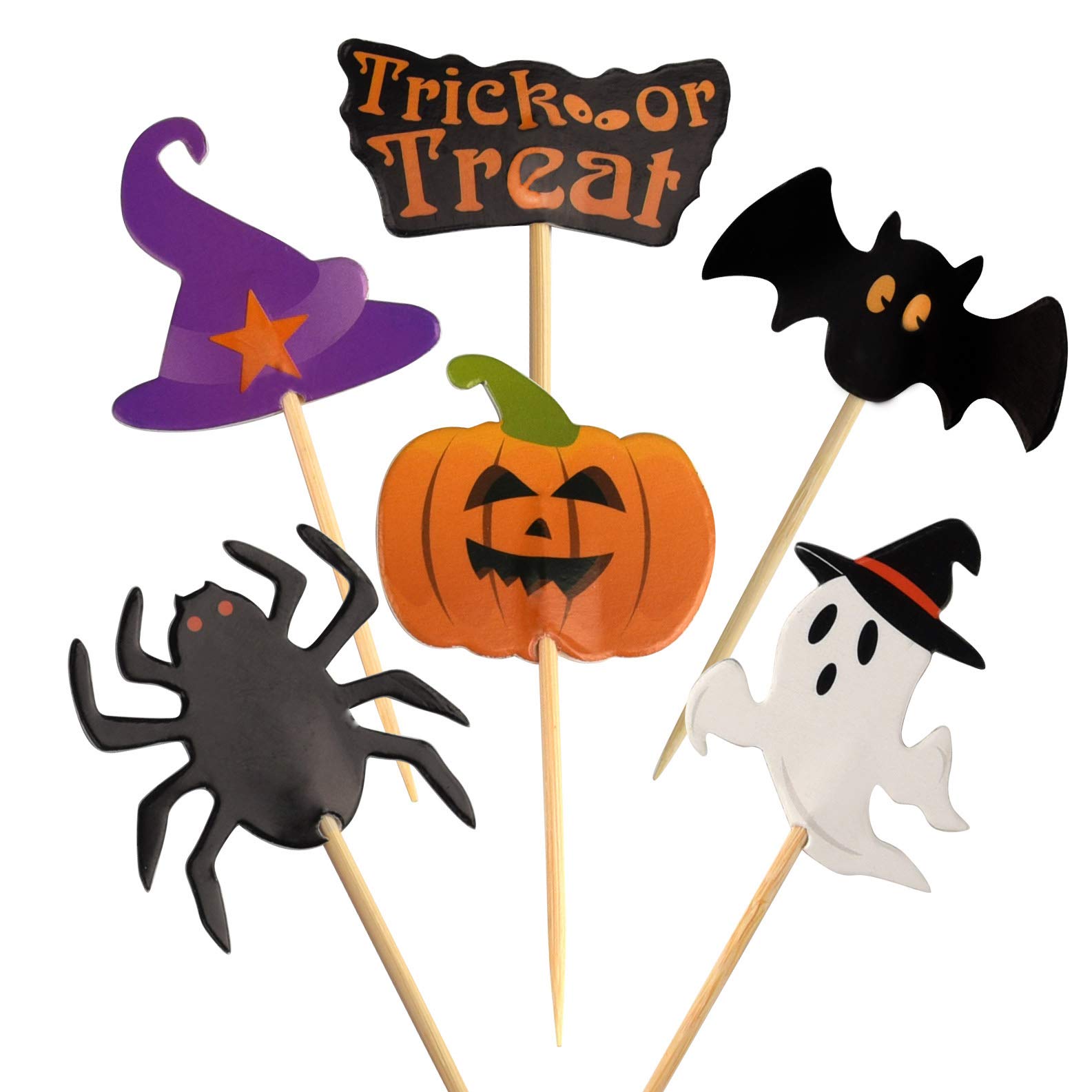 48 Decorazioni Per Cupcake E Torte A Tema Halloween - Stuzzicadenti Con Fantasmi, Zucca, Pipistrello, Ragno