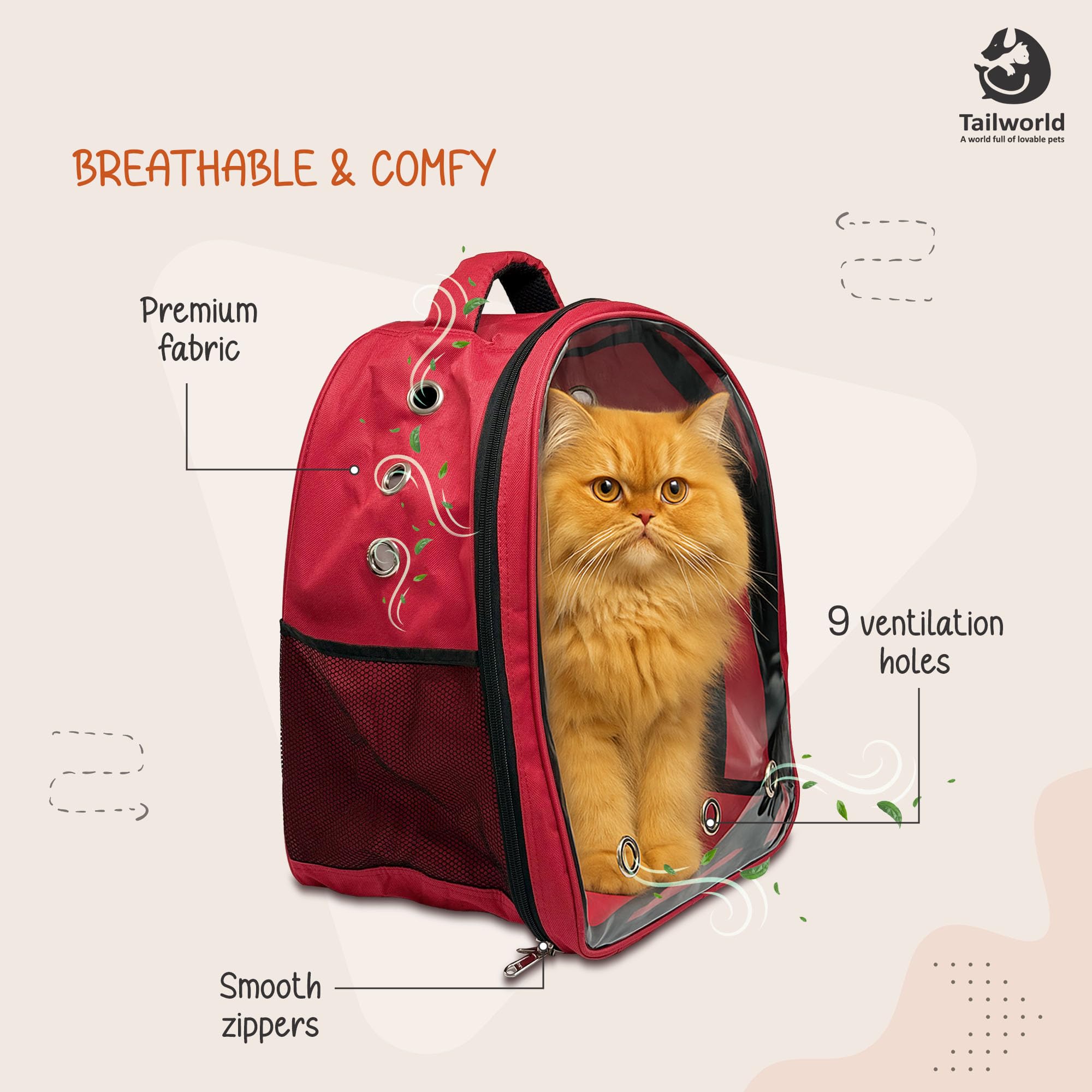 Tailworld Portable Pet Carrier Backpack for Cats & Small Dogs – Transparent Window, 9 Air Vents, Breathable Mesh, Built-in Safety Leash, Lightweight Travel Bag for Outdoor & Travel (Red) 1