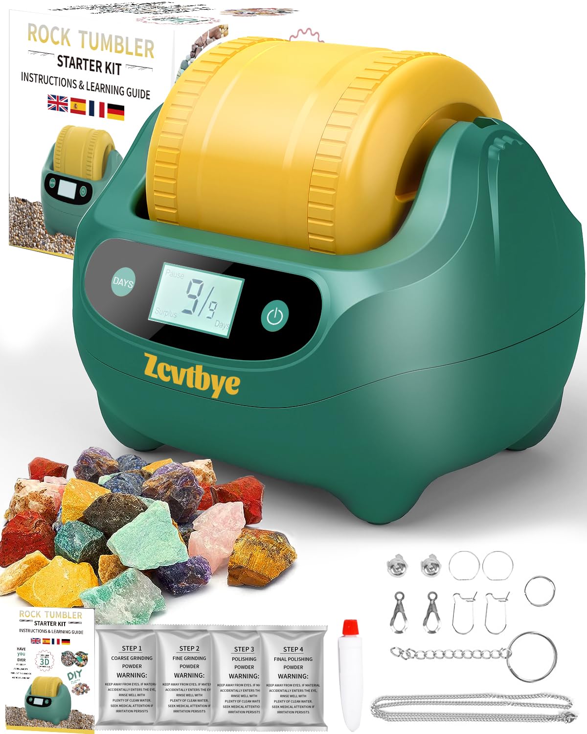 Rock Tumbler Kit, lucidatrice per roccia con timer digitale di 9 giorni, kit completo per la lucidatura delle rocce, design a doppio strato, design con riduzione del rumore, macina include bicchiere