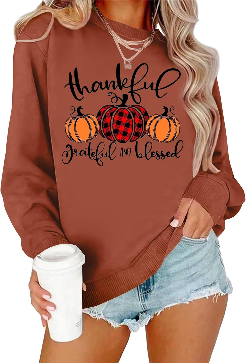 Thanksgiving Sweatshirts Women Thankful Grateful and Blessed Sweatshirt Pumpkin Pullovers Shirts Tops Blouses - Image 2