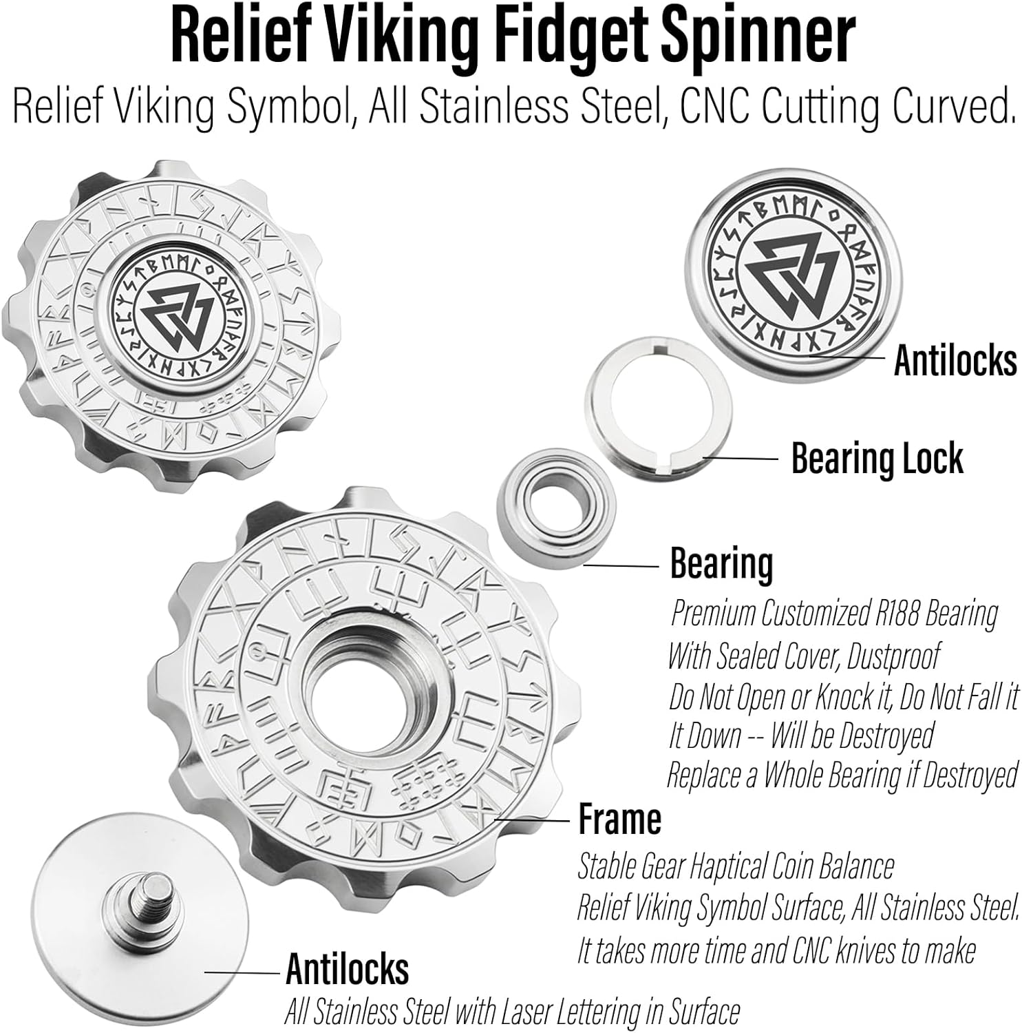 FREELOVE Viking Pirate Fidget Spinners for Adults, Heavy Metal Figette Spin, Premium Bearing, Silent Long Spinning, Small Gossip Desgin, Stainless Steel Silver